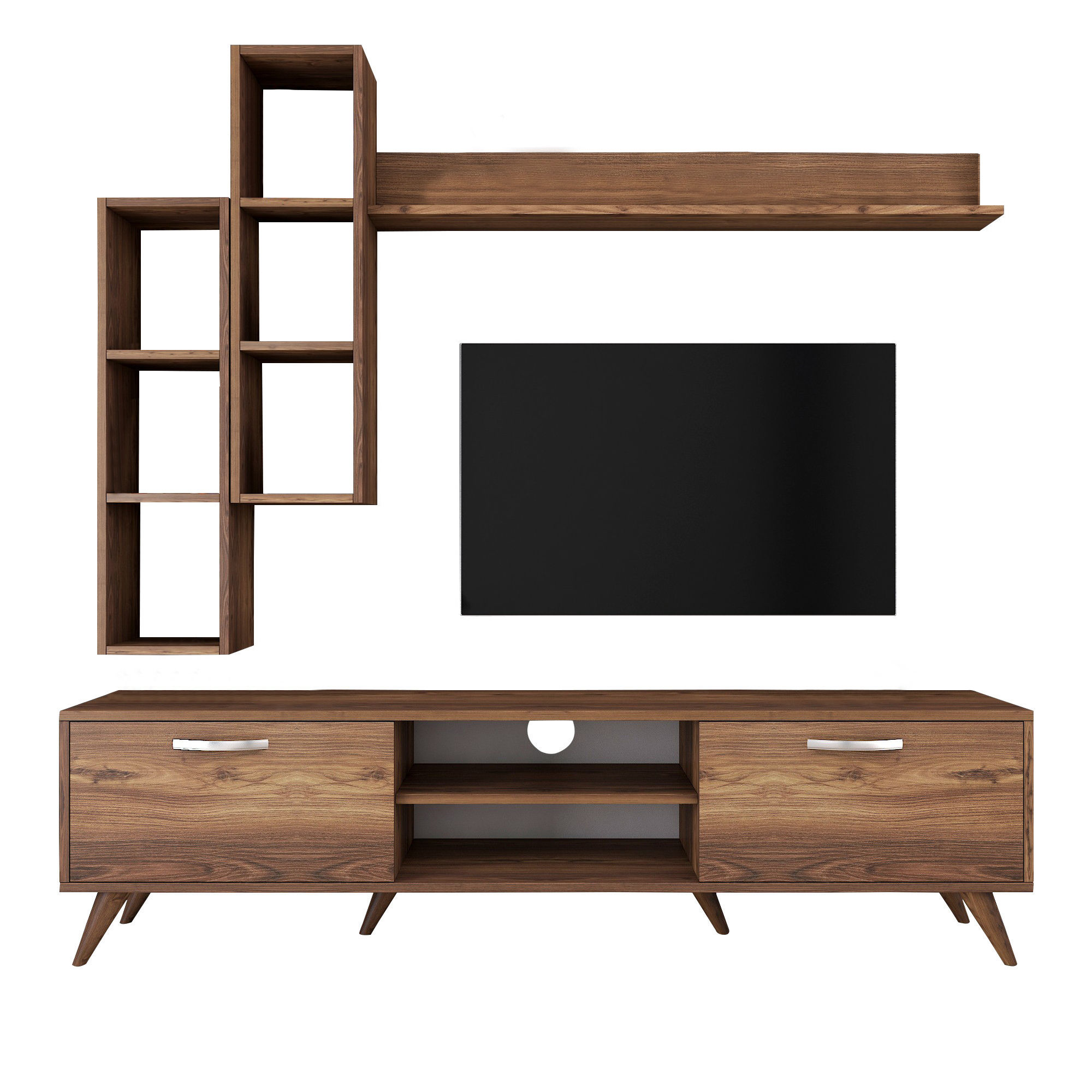 M16 TV cabinet set with wall shelves in walnut effect