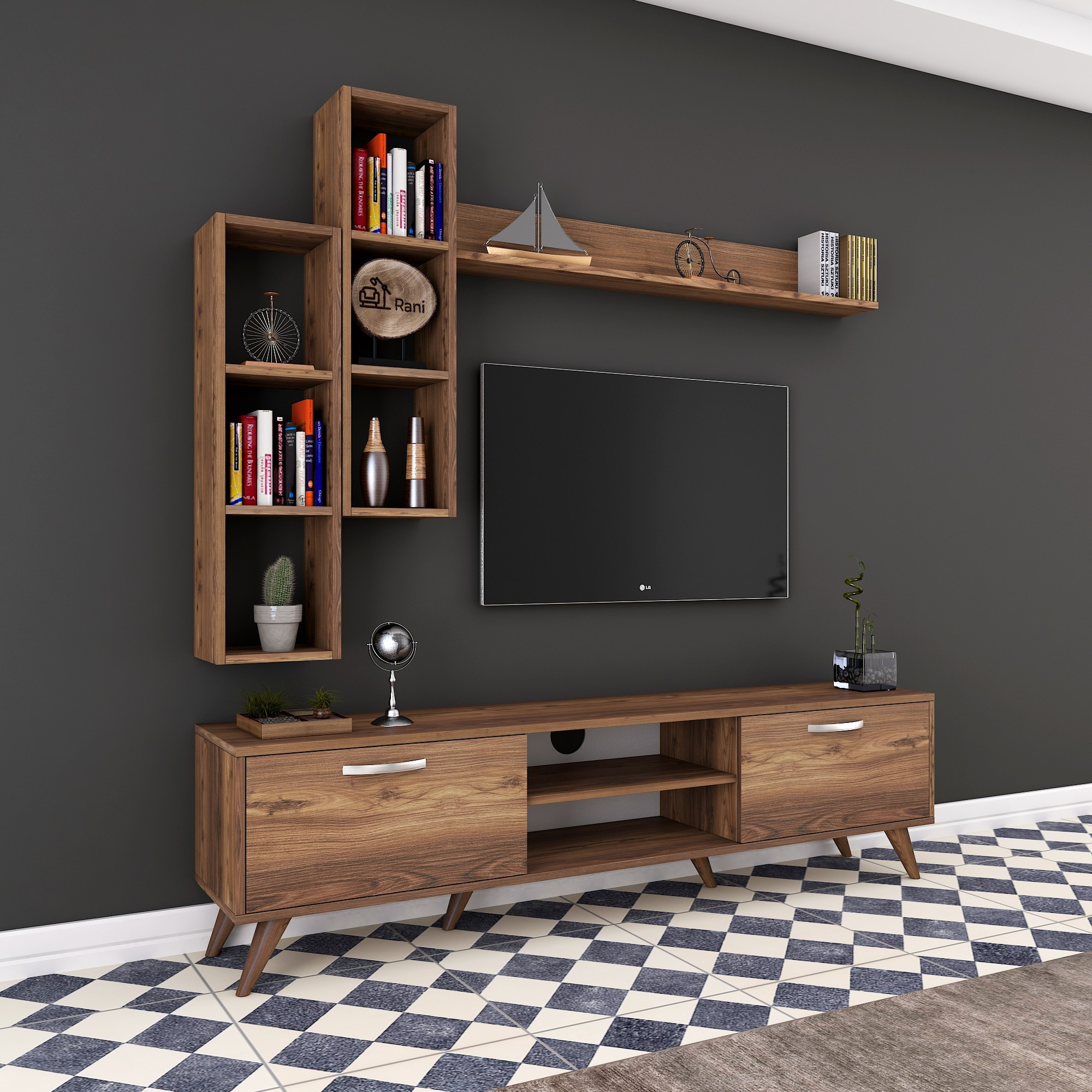 M16 TV cabinet set with wall shelves in walnut effect