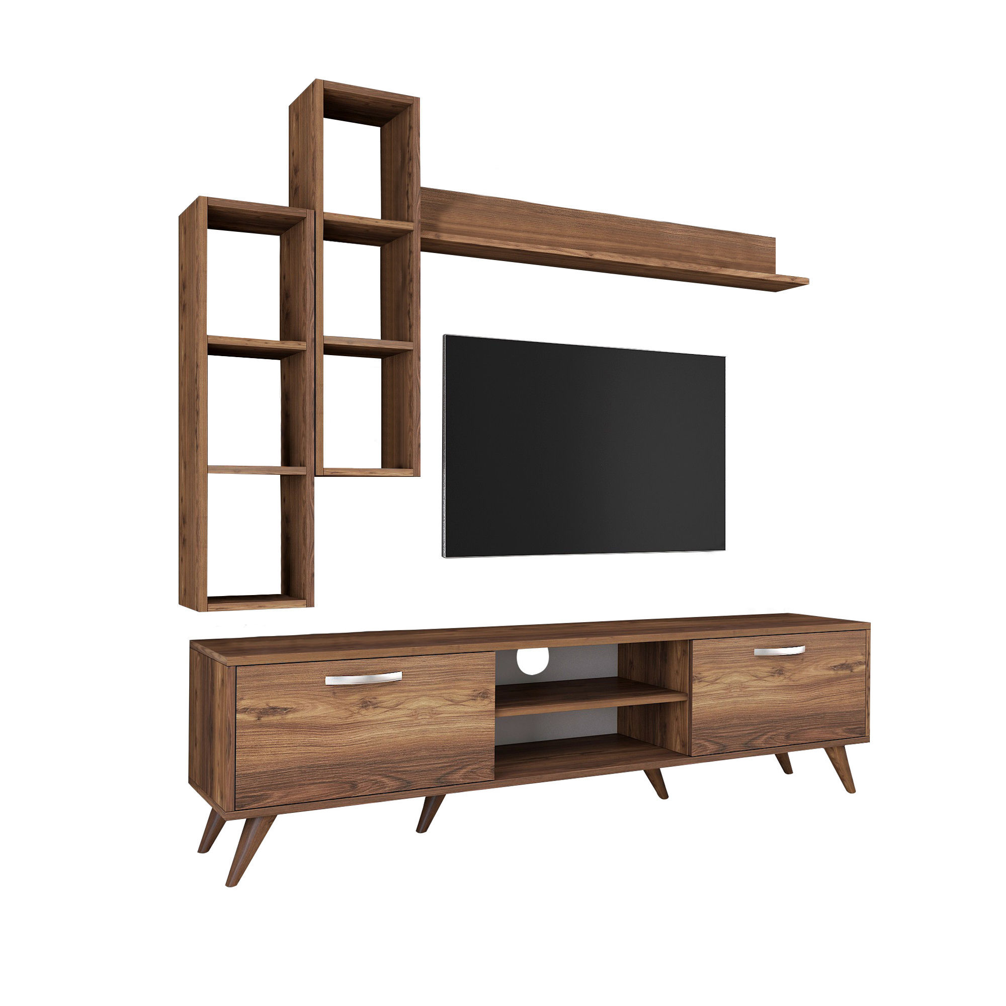 M16 TV cabinet set with wall shelves in walnut effect