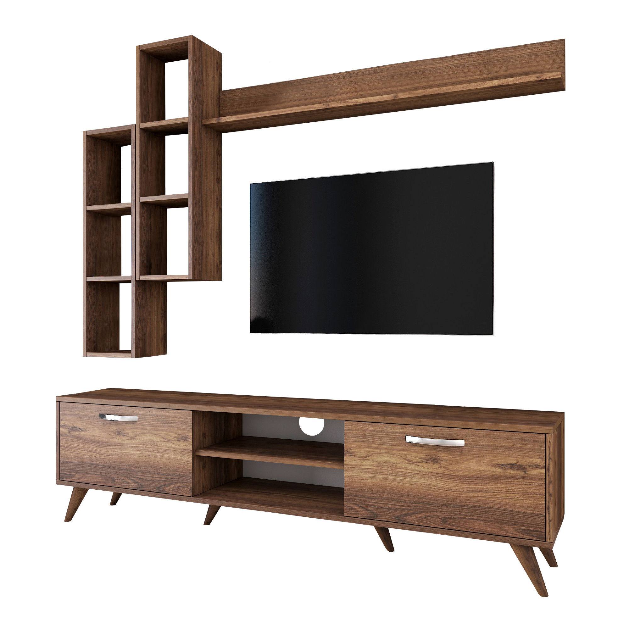 M16 TV cabinet set with wall shelves in walnut effect