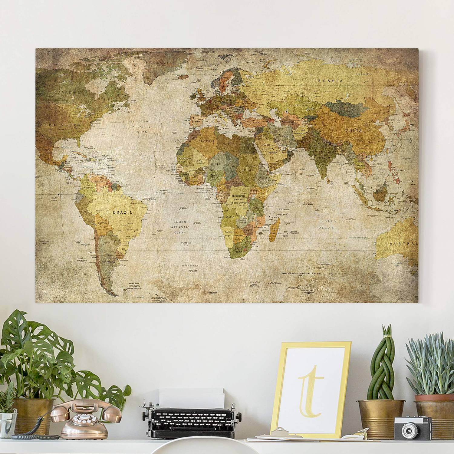 Picture world map canvas / spruce wood 90x60 cm