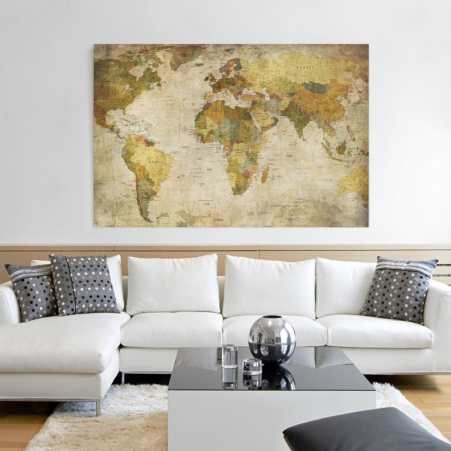 Picture world map canvas / spruce wood 90x60 cm