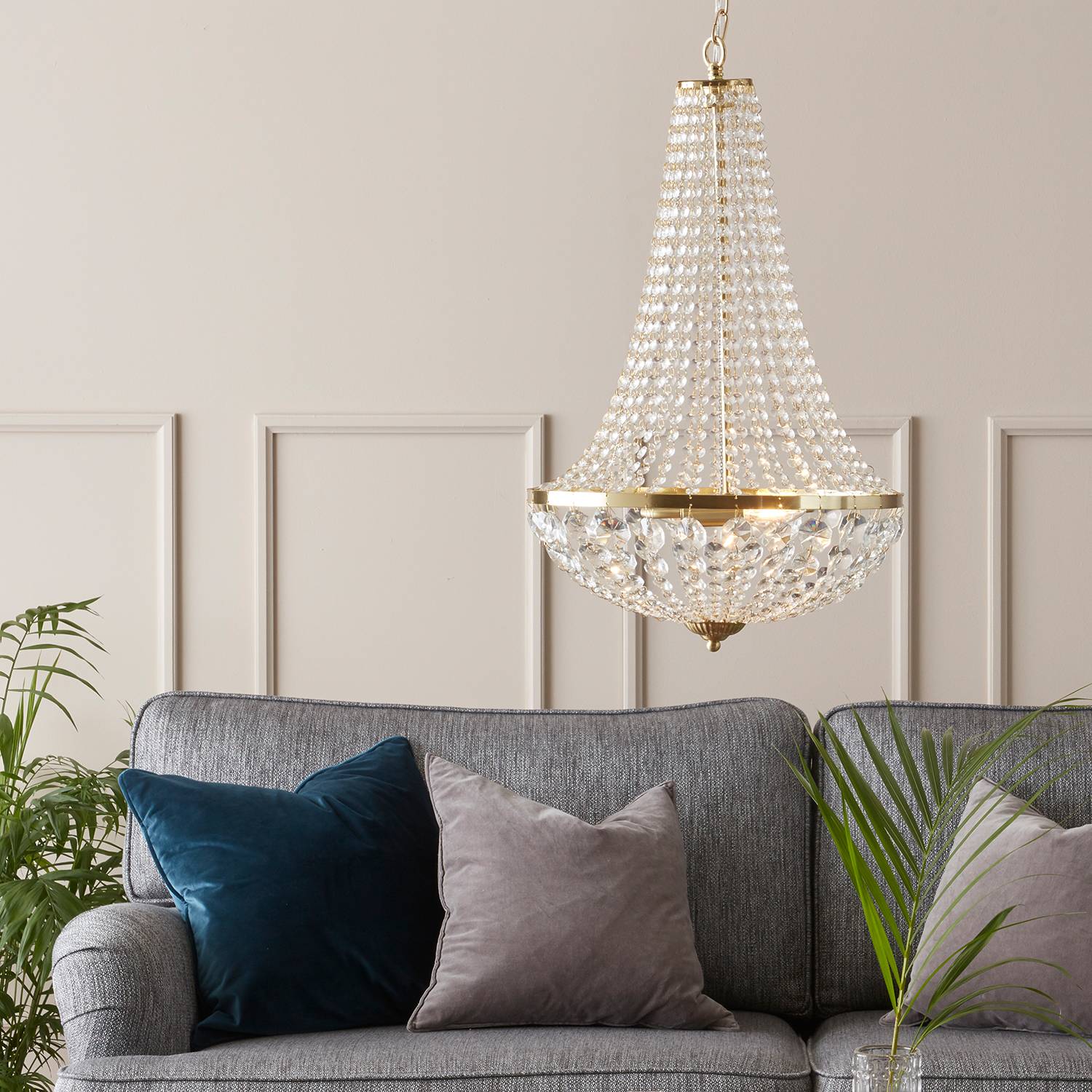 2-flame chandelier Gränsö IV crystal glass stainless steel