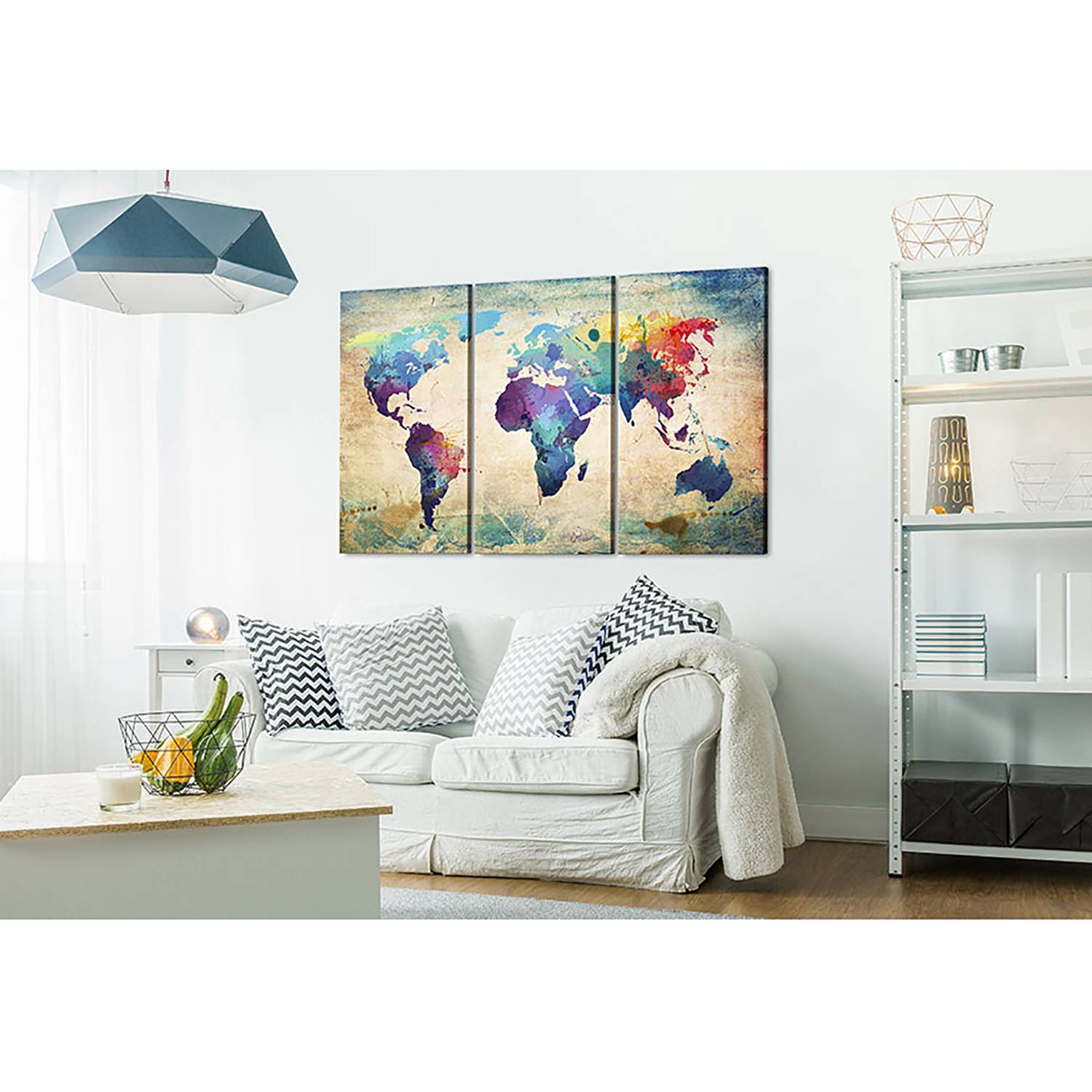 Colorful world map triptych canvas wall picture