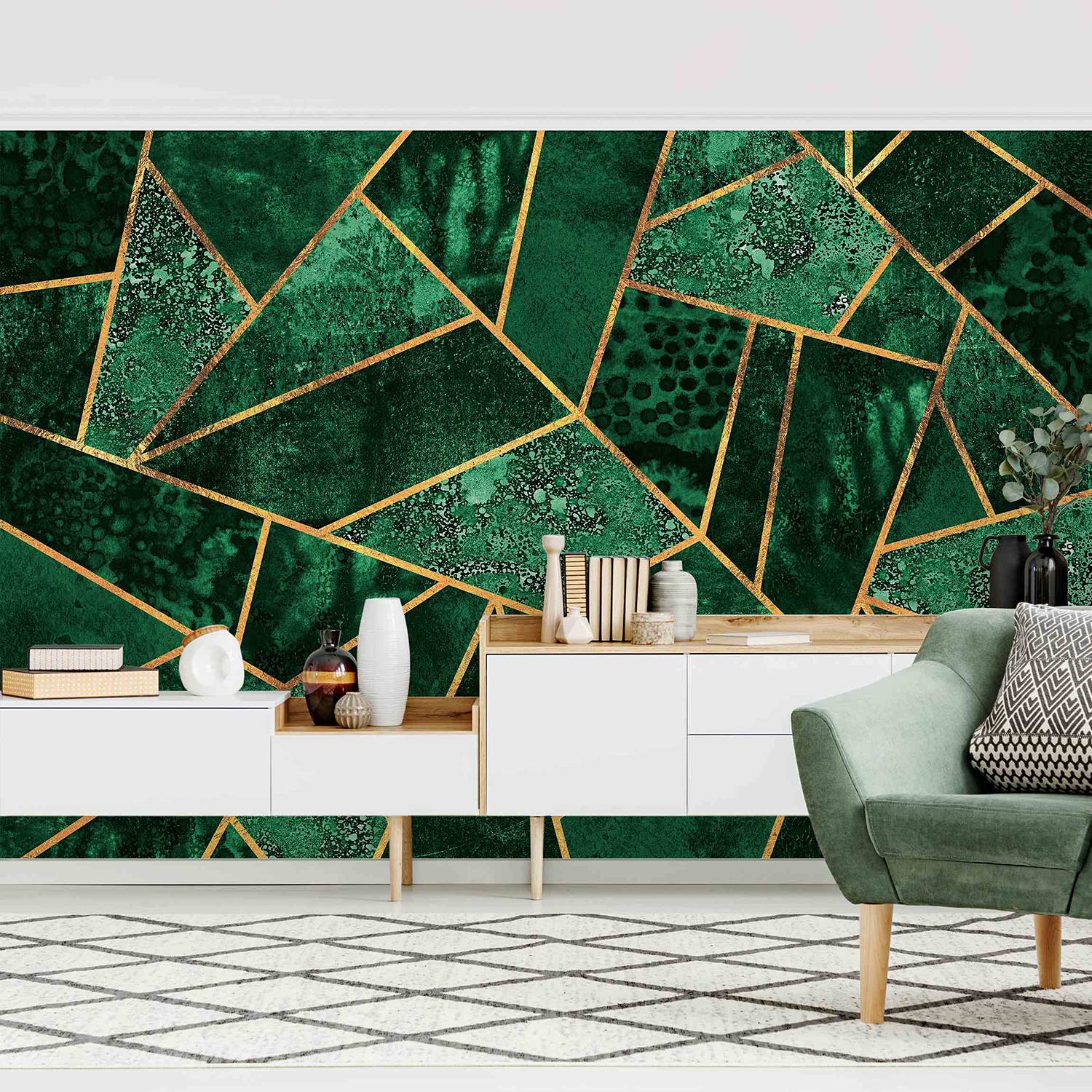 Non-woven wallpaper Dark Emerald with Gold non-woven wallpaper Green