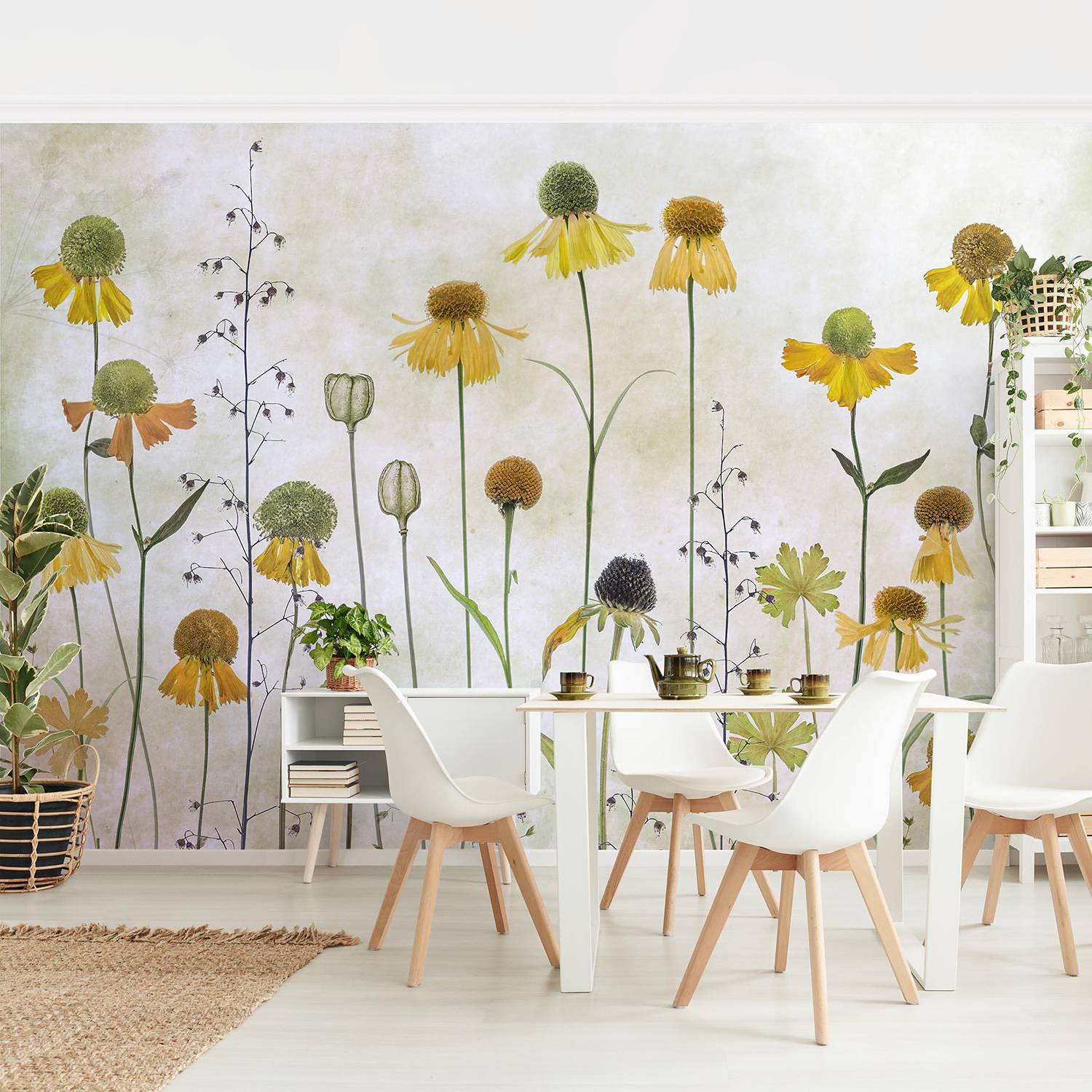 Non-woven wallpaper Delicate Helenium Flowers Beige