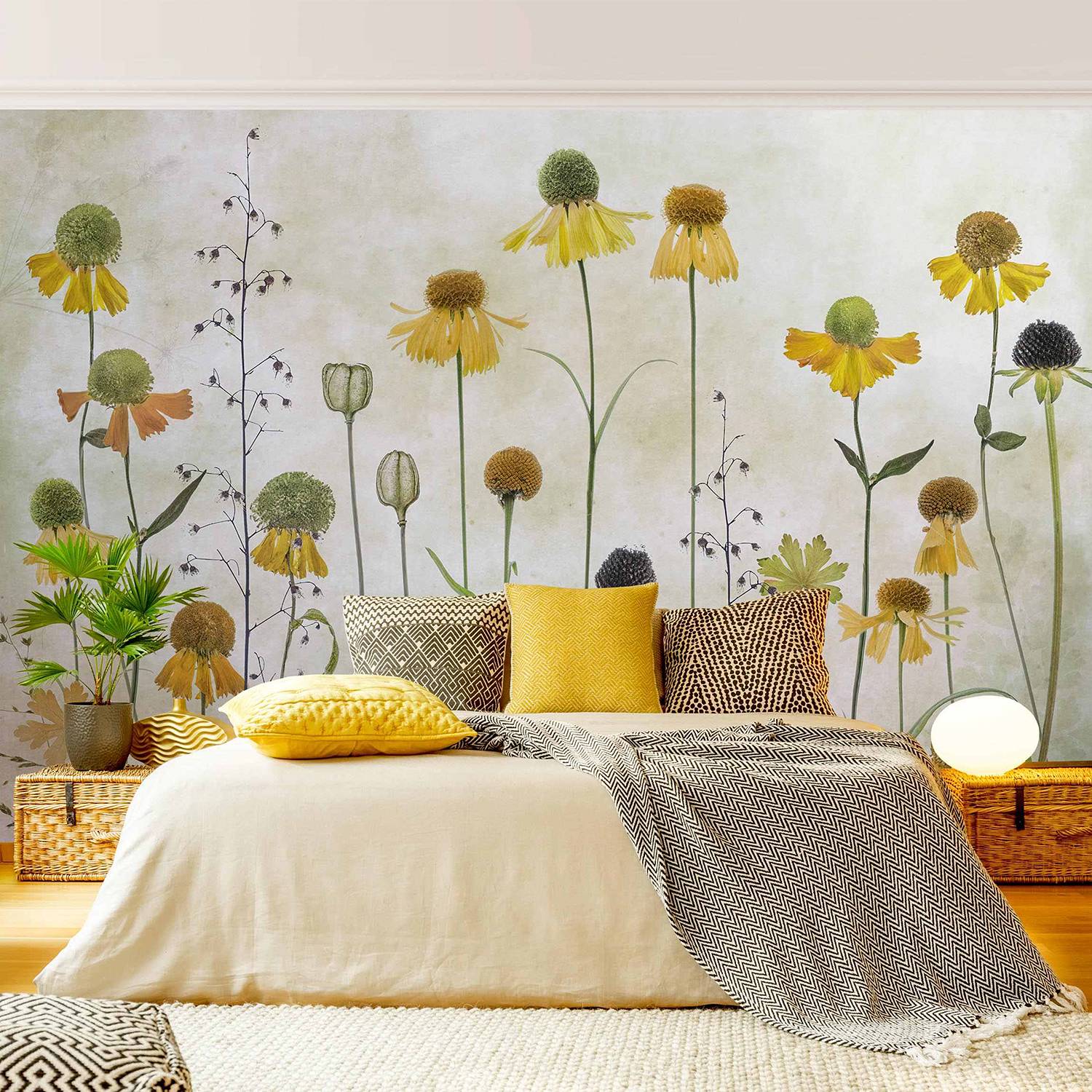 Non-woven wallpaper Delicate Helenium Flowers Beige