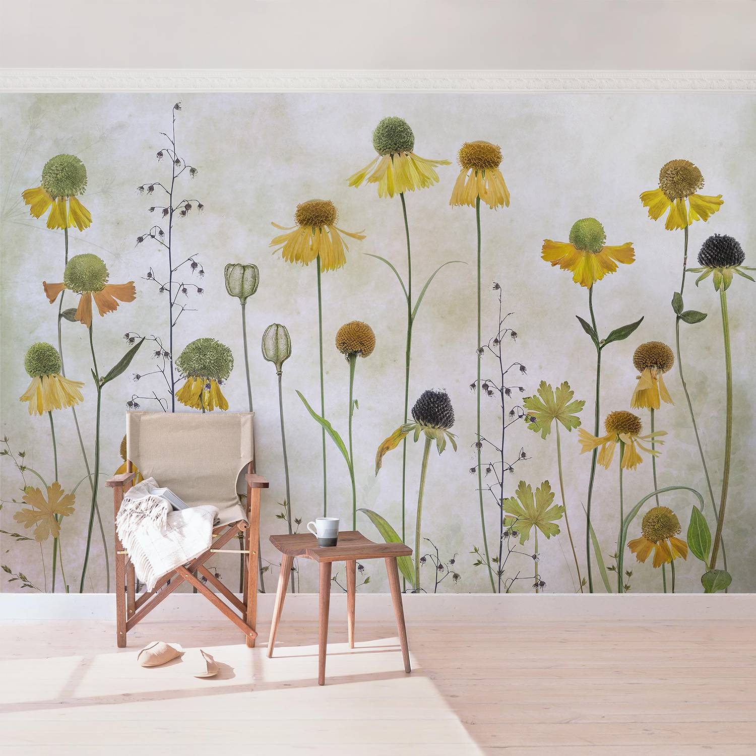 Non-woven wallpaper Delicate Helenium Flowers Beige