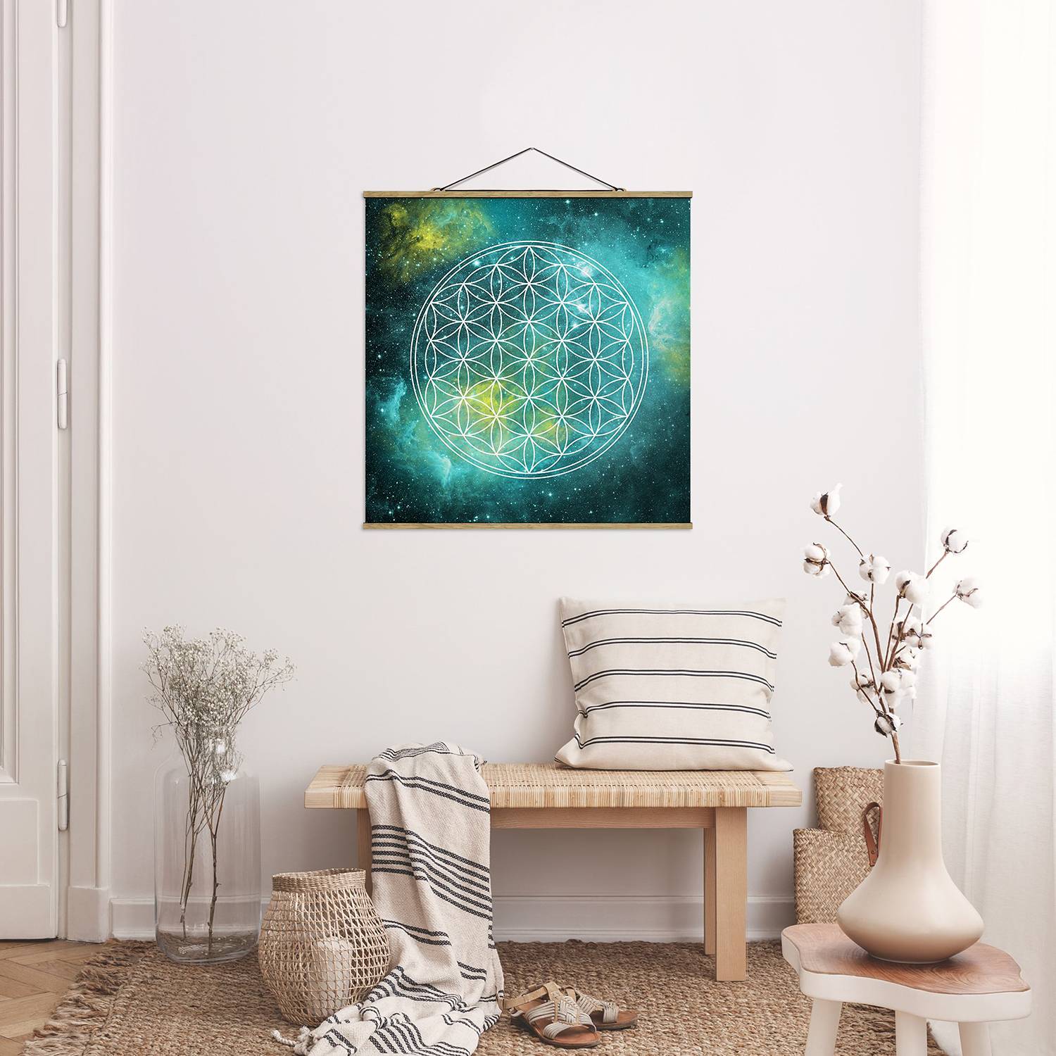 Fabric Picture Flower of Life Textile; Blue Solid Wood
