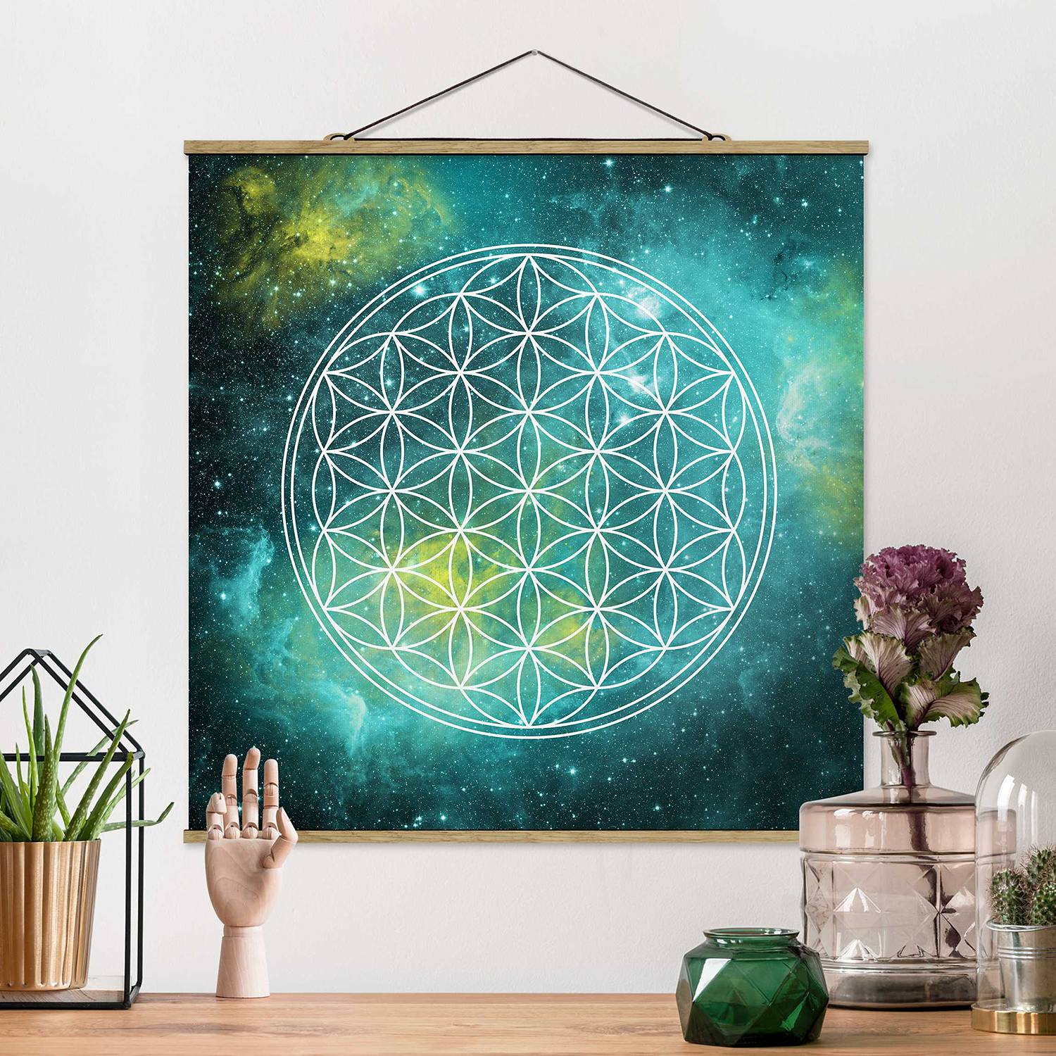 Fabric Picture Flower of Life Textile; Blue Solid Wood