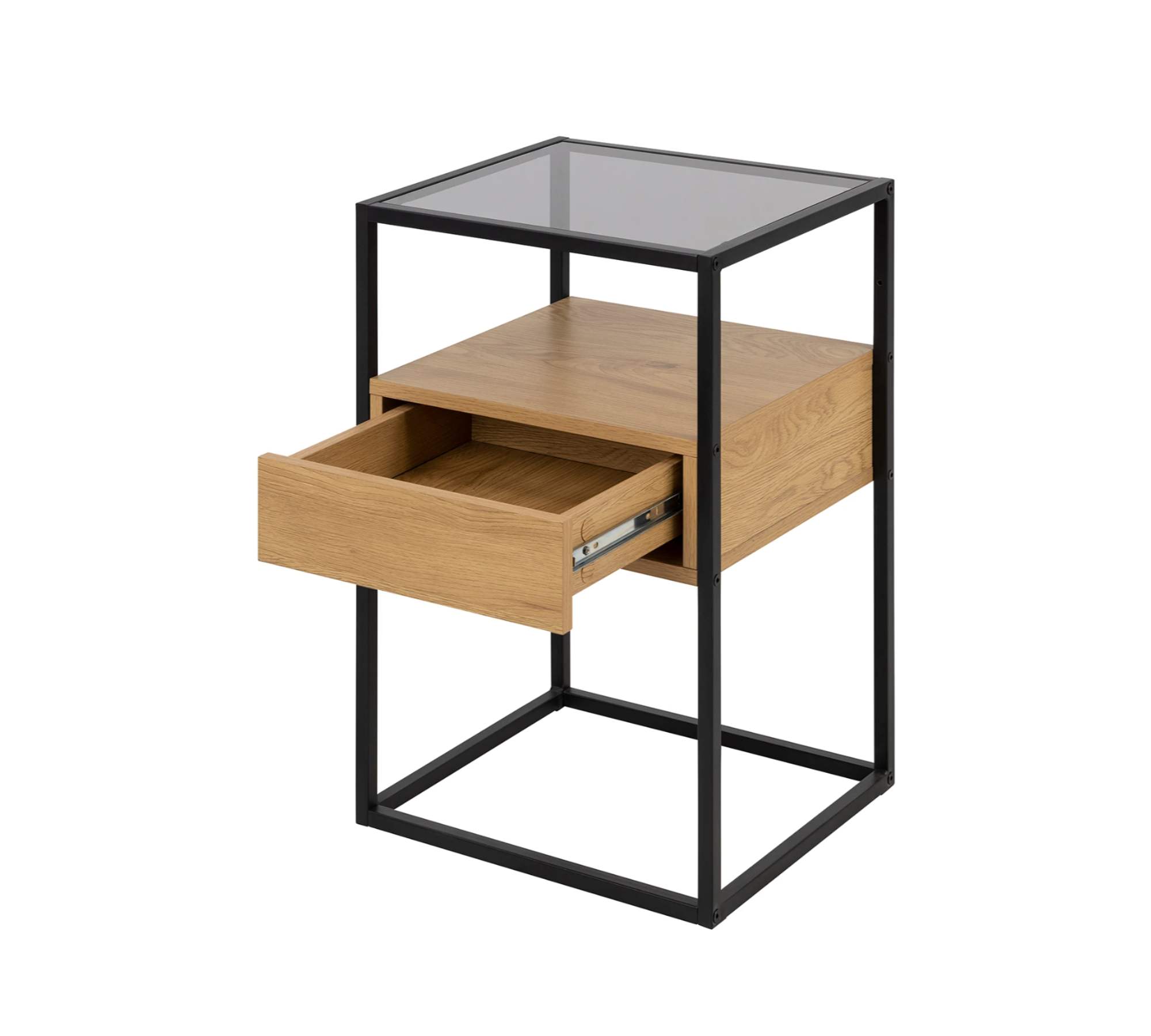 Nachtkommode Rauchglas Metall Wildeiche Dekor