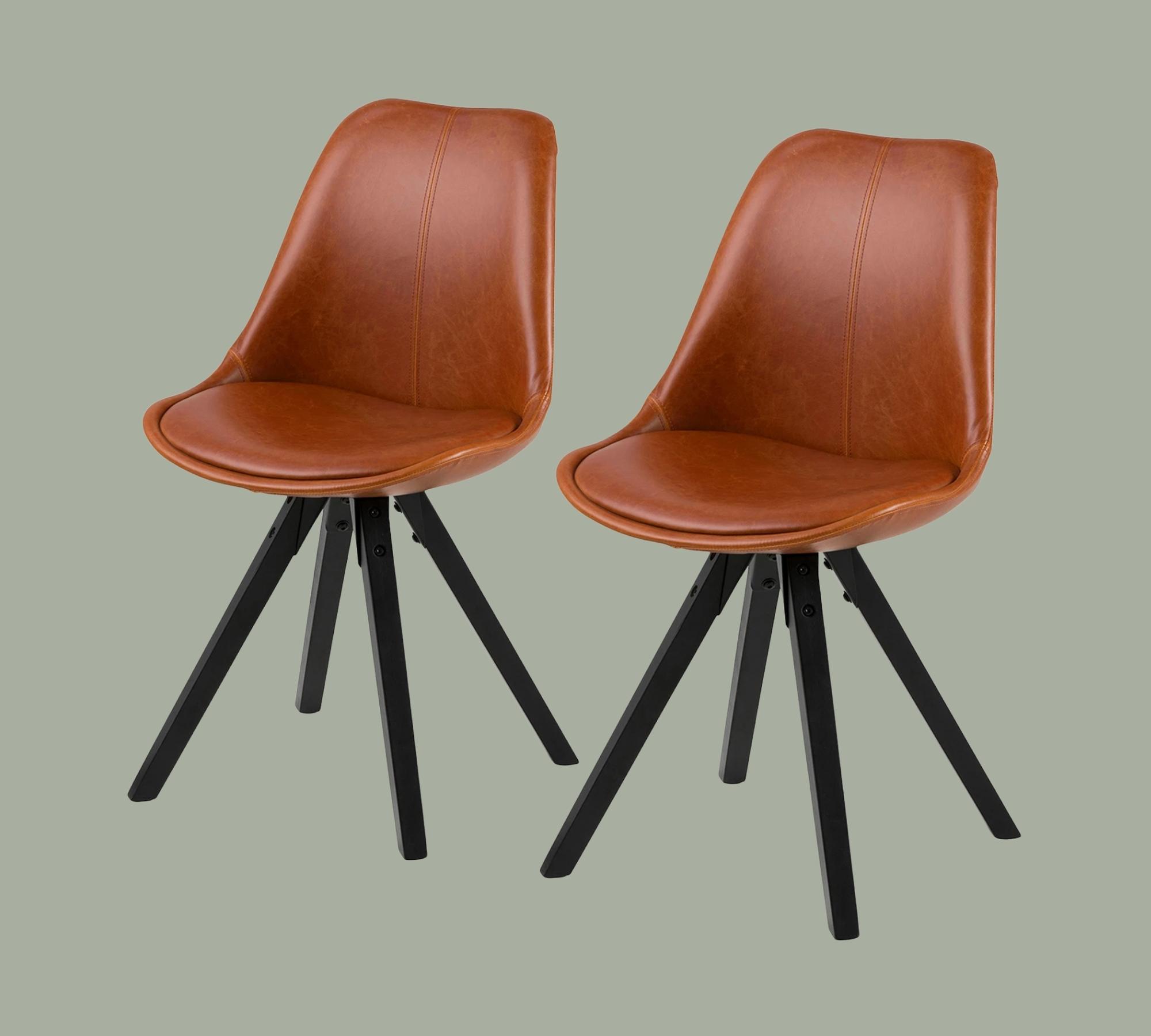 2x Upholstered Chair Faux Leather Brown Telescopic Legs Black