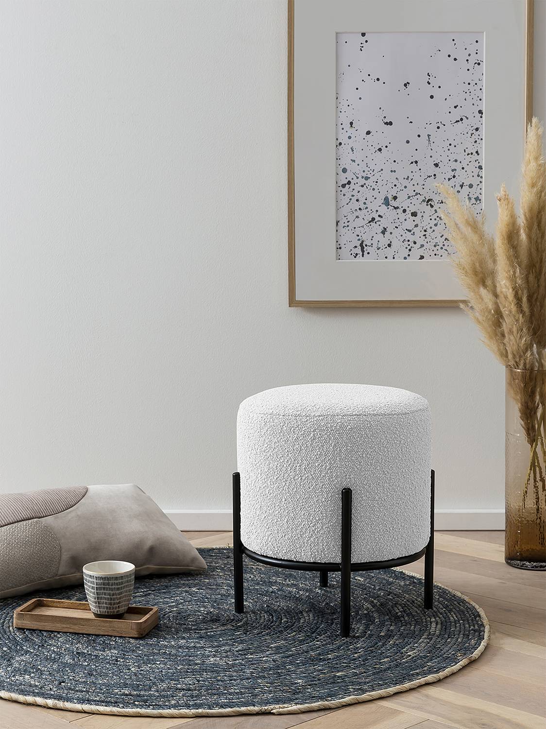 Upholstered stool Bumyra Bouclé White