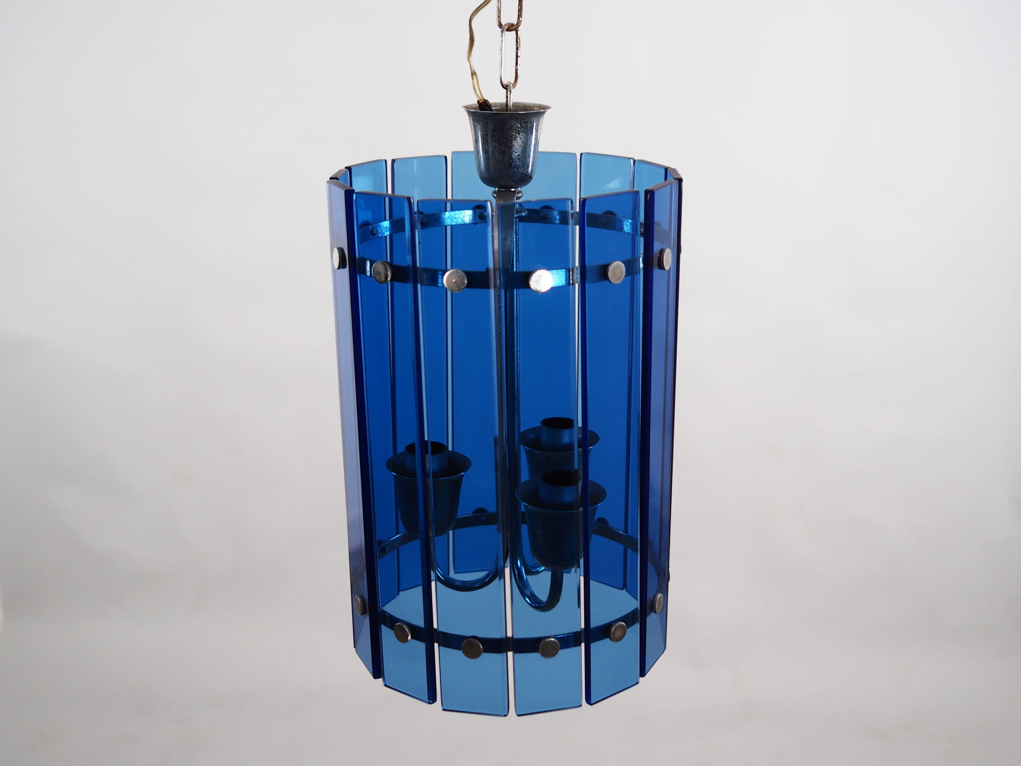 Lampada a sospensione in vetro blu anni '70