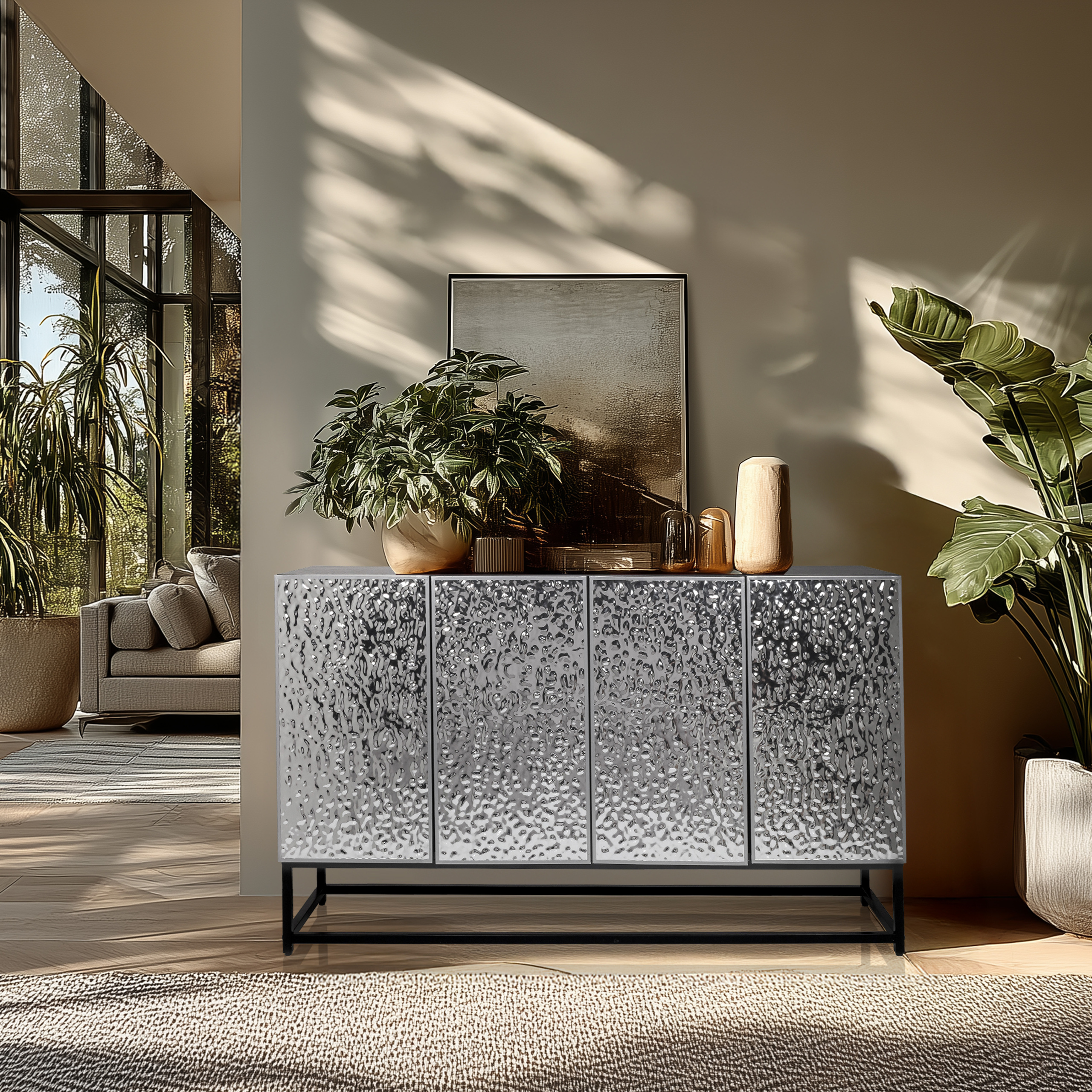 Sideboard / Chest of drawers METALLIO 140x37x80 cm 4 doors silver hjh LIVING