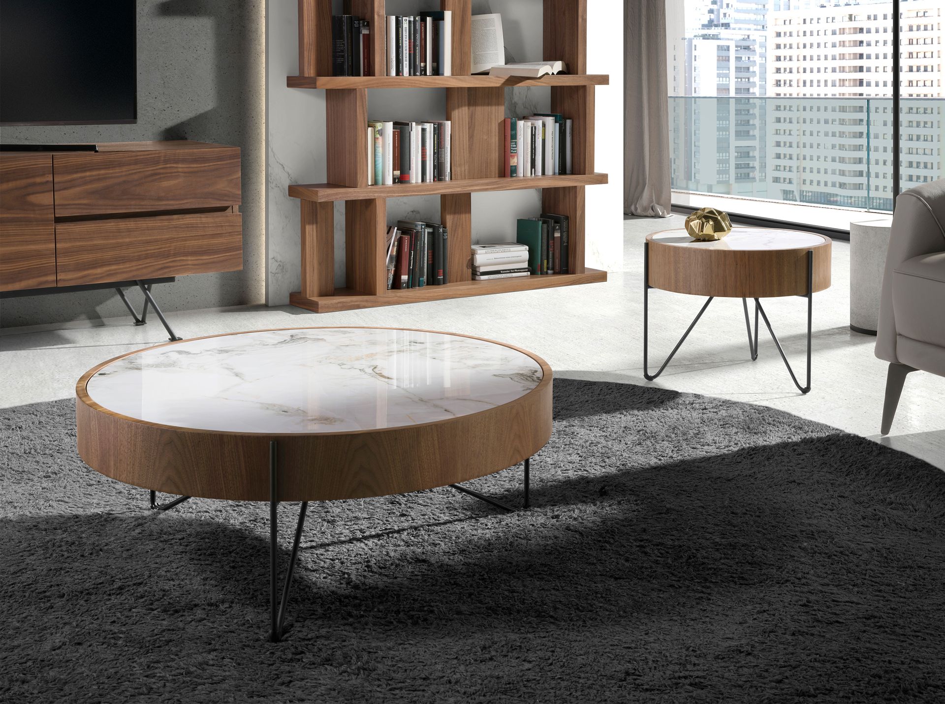 Round coffee table marble steel