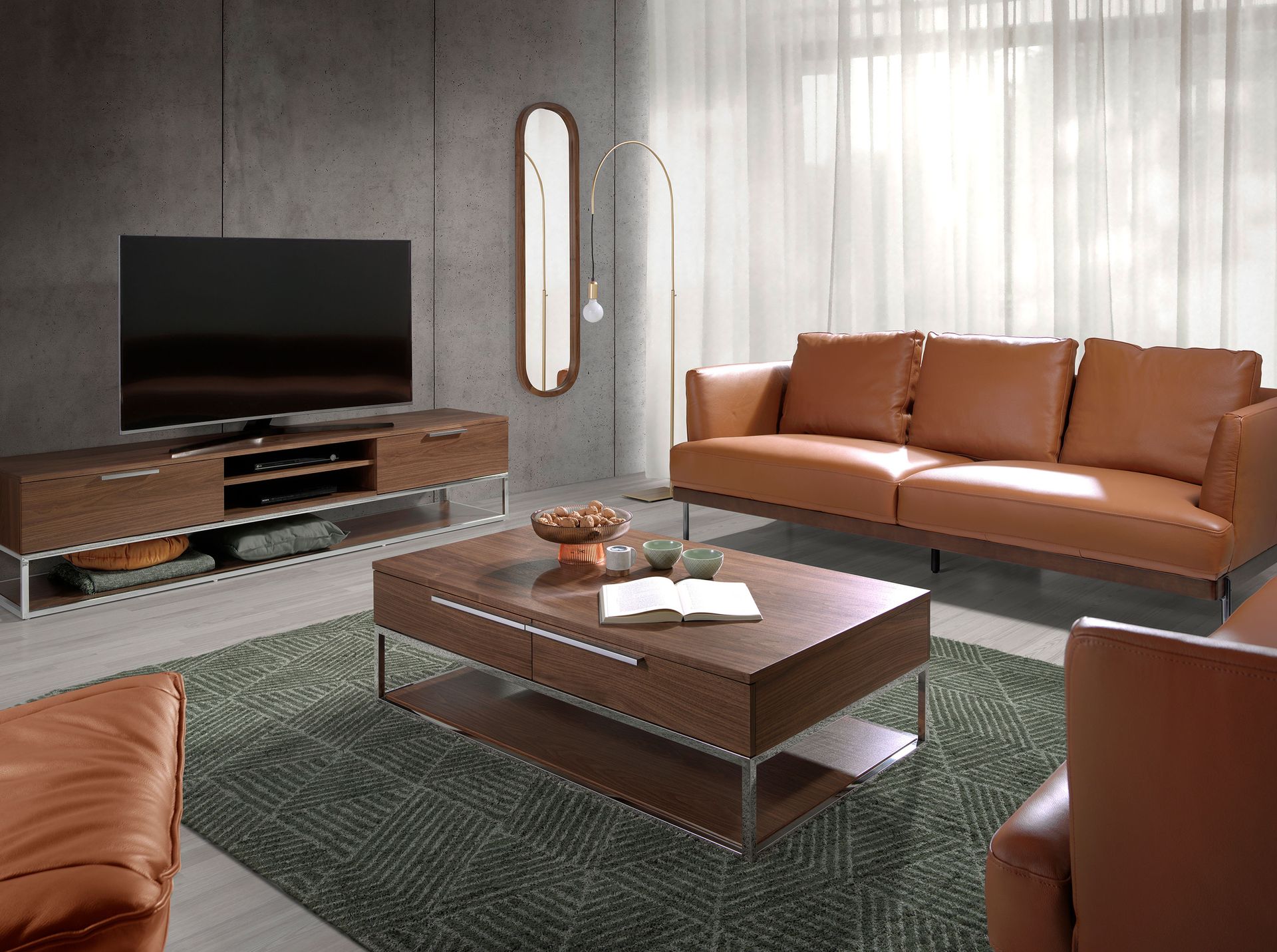 Oval mirror walnut veneer