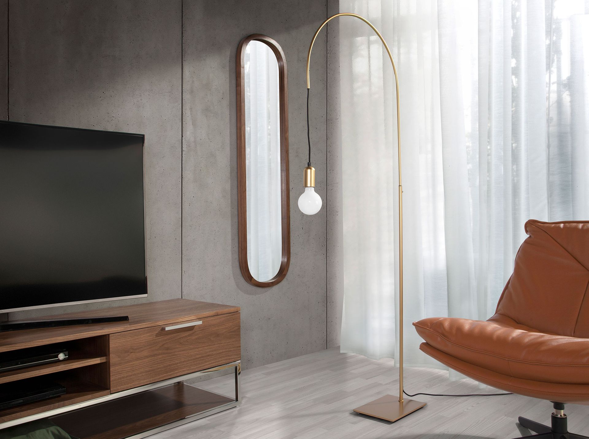 Oval mirror walnut veneer