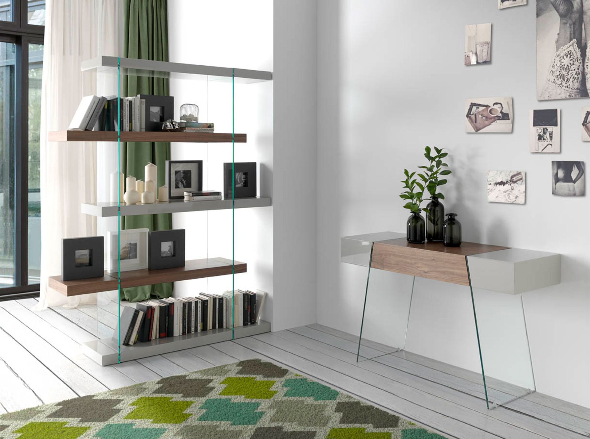 Rectangular console table walnut glass