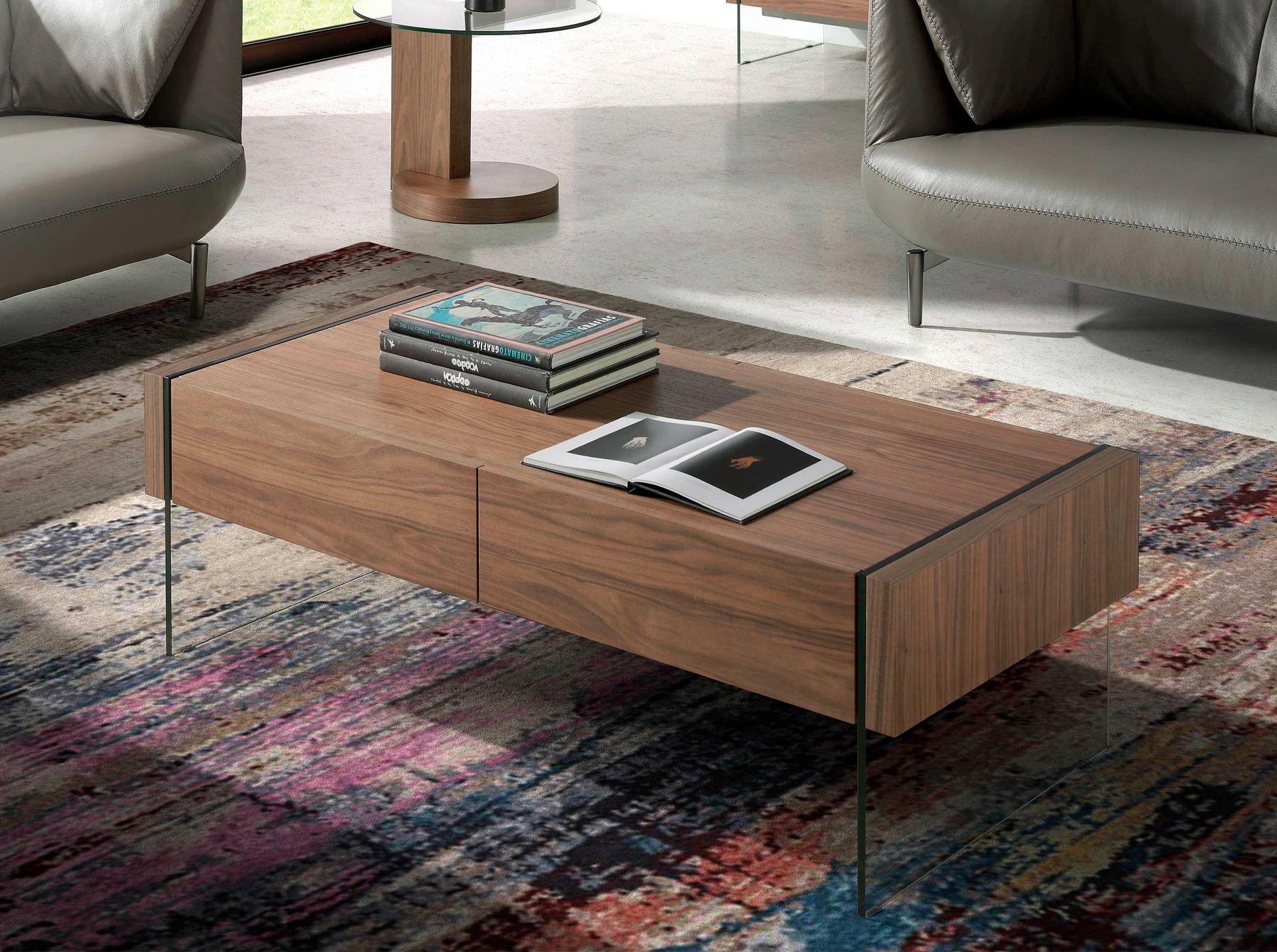 Rechteckiger Couchtisch Nussbaum Glas
