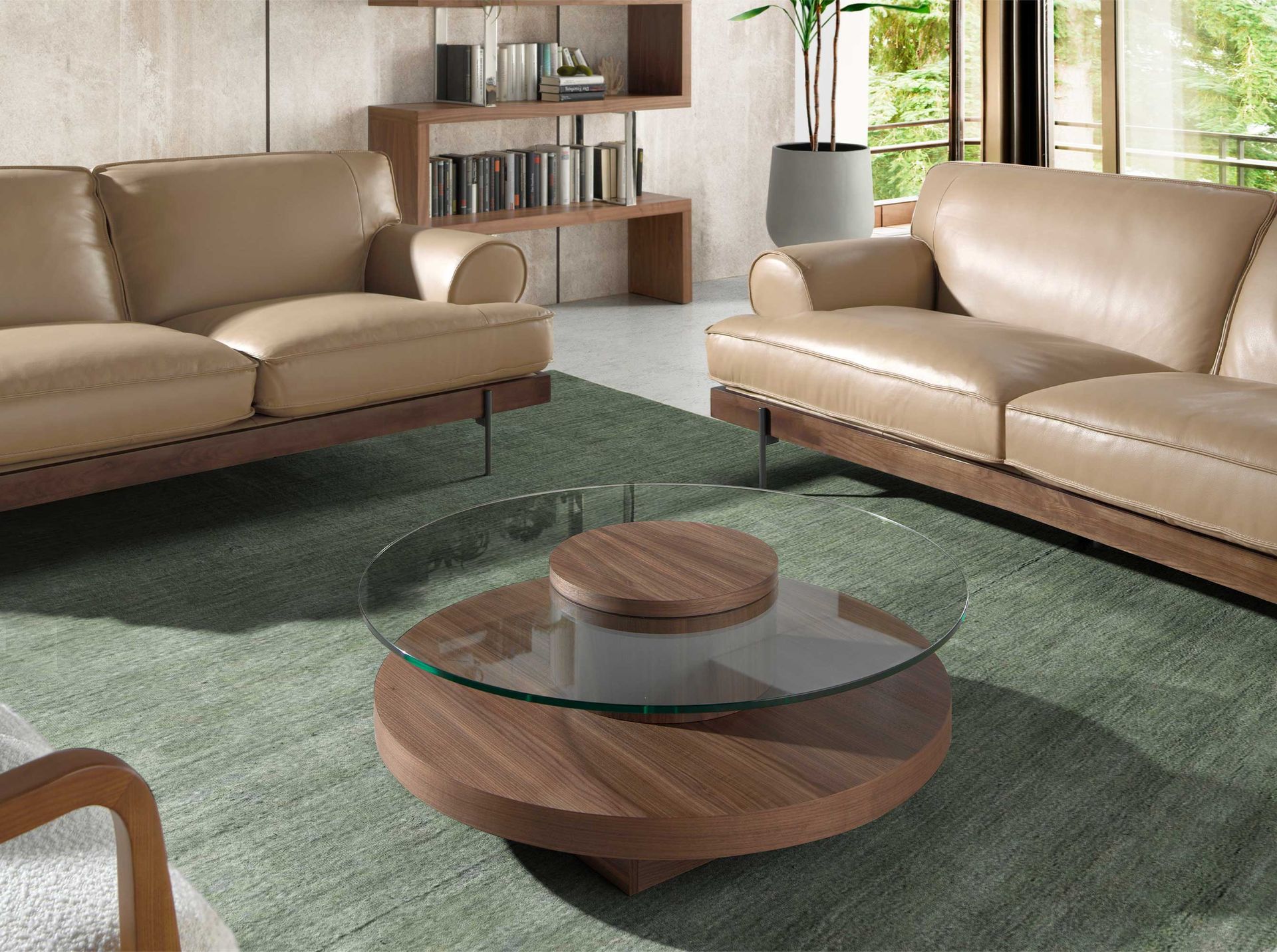 Round coffee tableGlass walnut