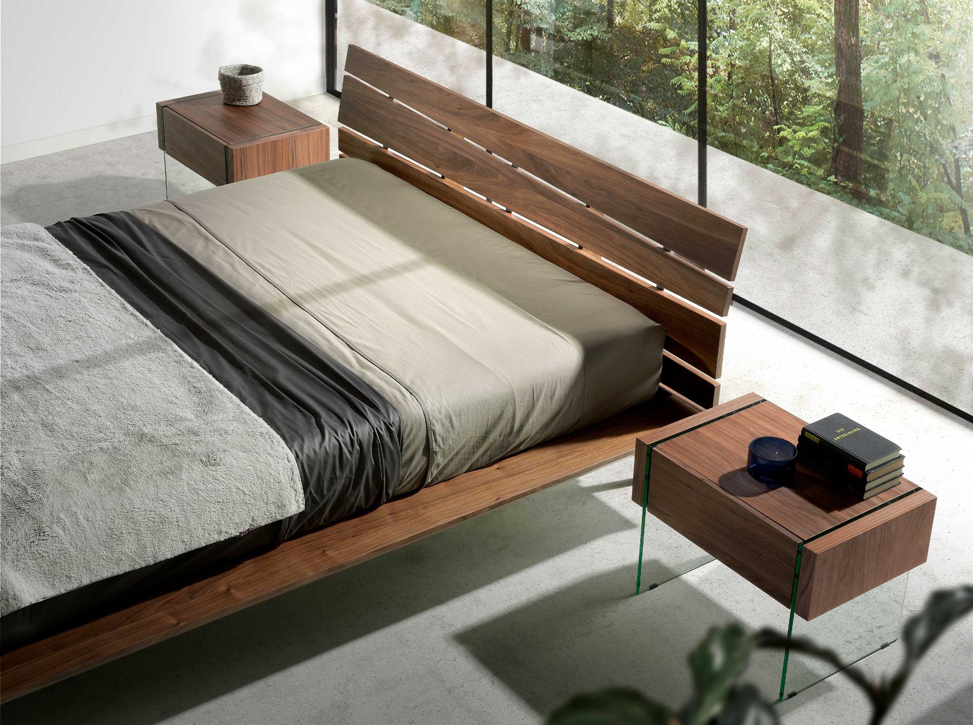 Bedside table walnut glass