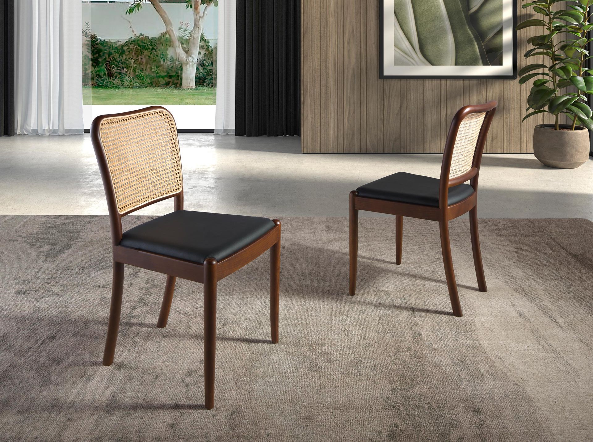 Chair Rattan Faux Leather Black