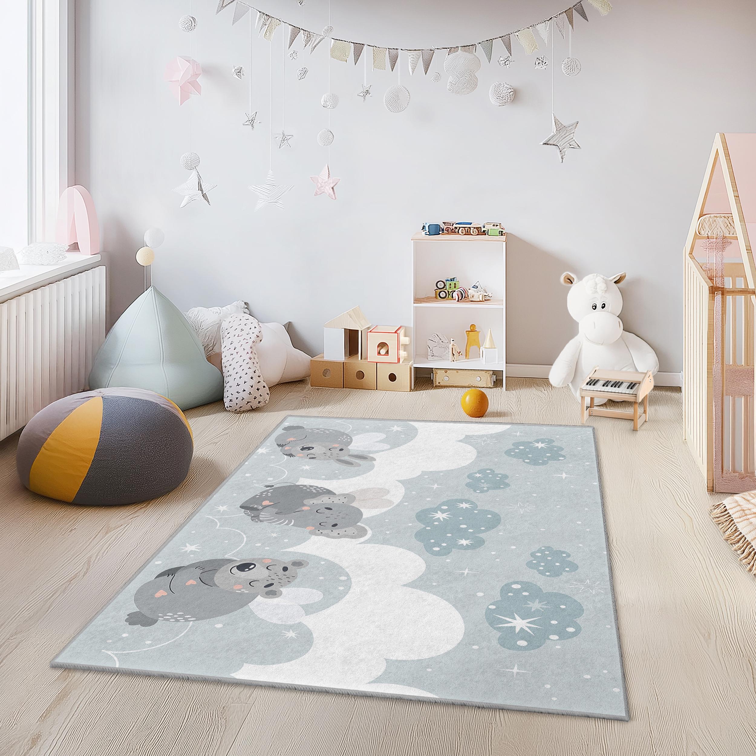 Tier- und Wolkenmuster Kinderteppich Mehrfarbig 120×180 cm