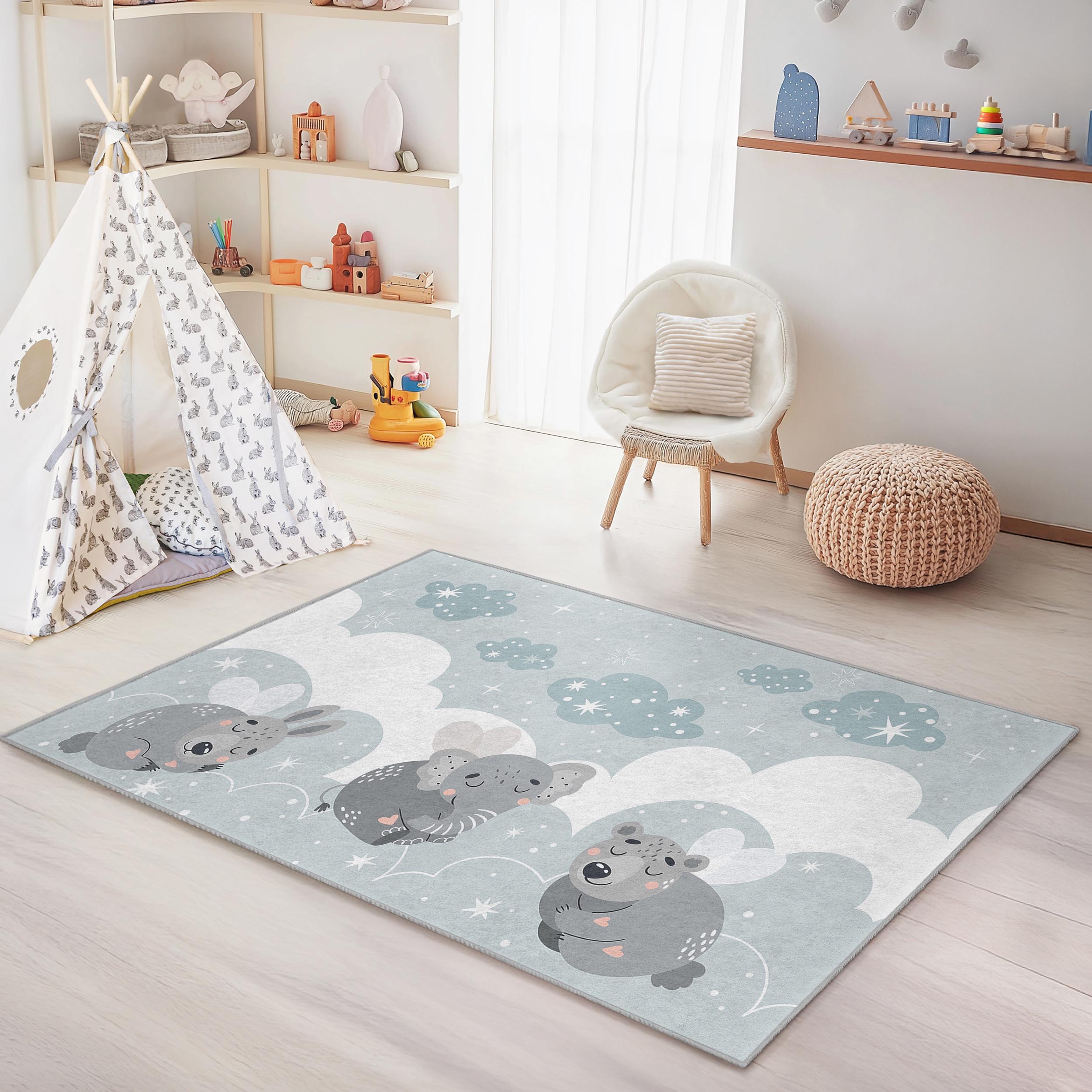 Tier- und Wolkenmuster Kinderteppich Mehrfarbig 100×300 cm