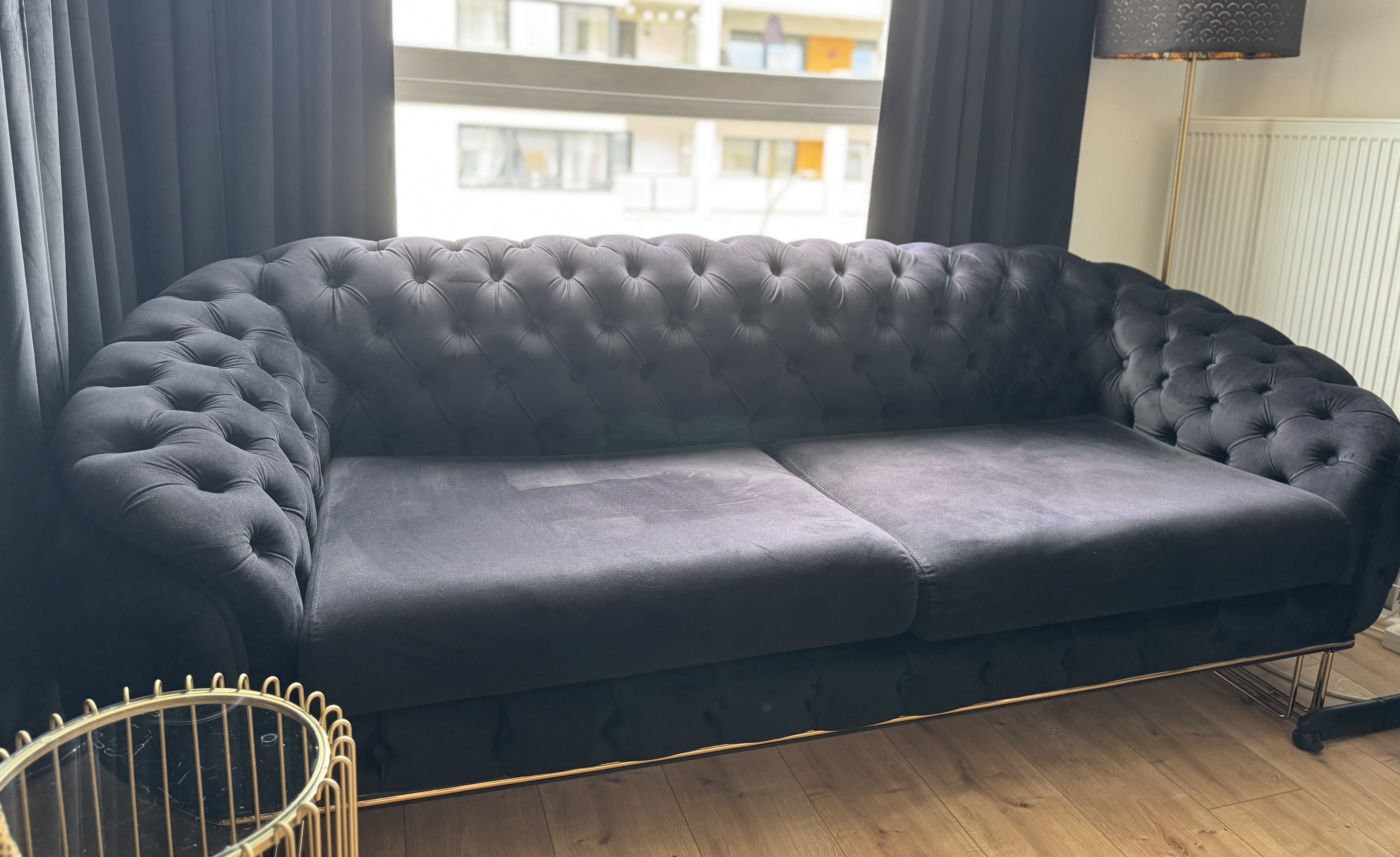 Chesterfield Couch-Set Sofa Armchair Velvet Black Gold