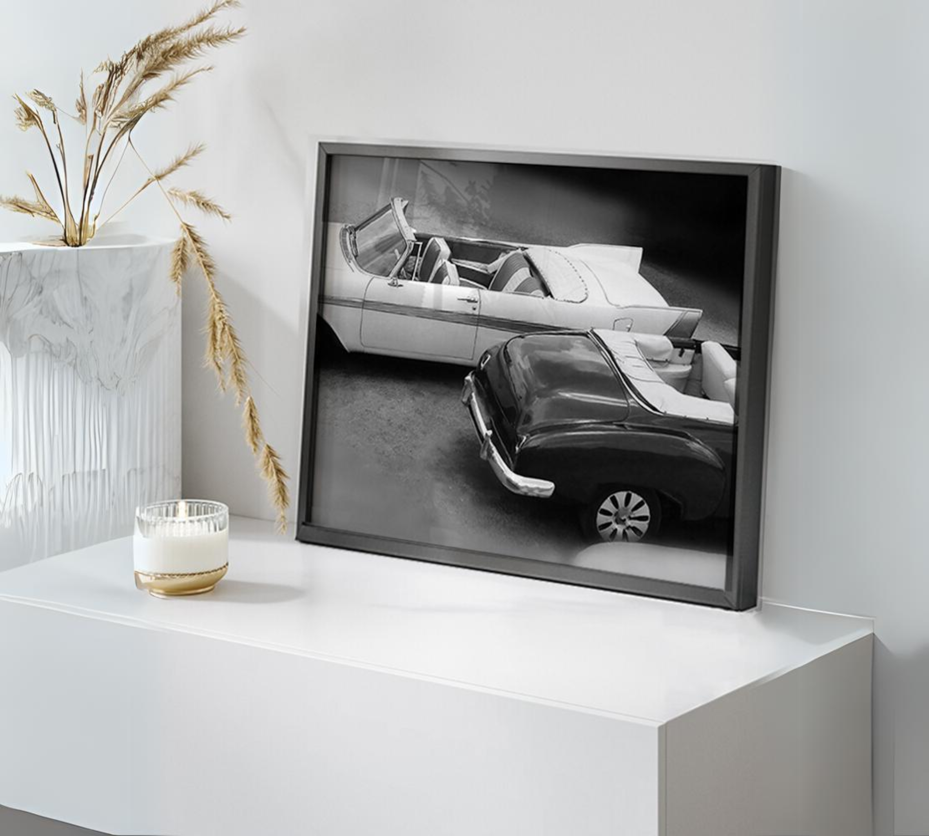Parked Convertibles Art Print with Frame Black and White