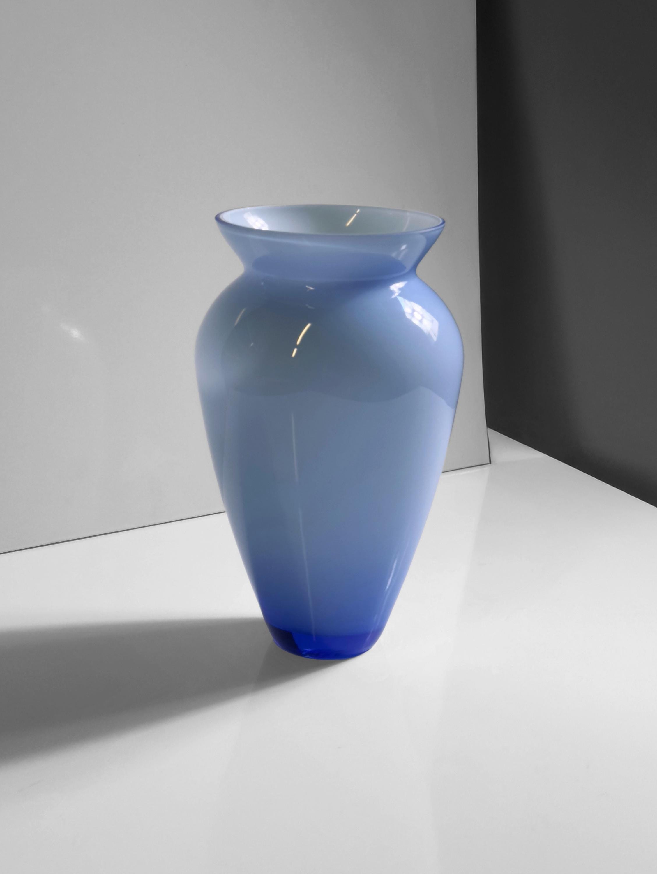 Vintage Vase Frosted Glass Opalina Filigrana Blue 1970s
