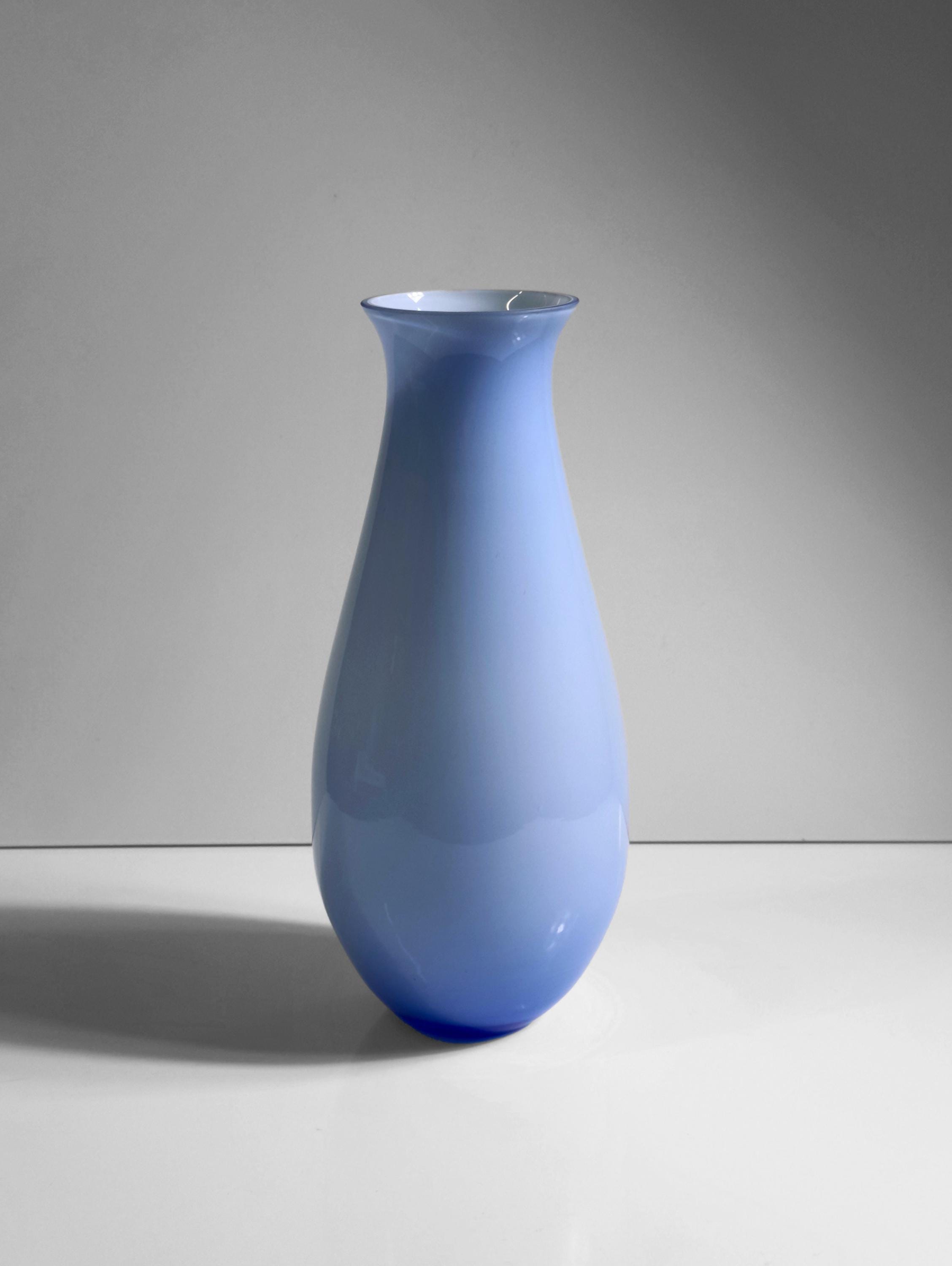 Vintage Vase Milk Glass Opalina Filigrana Blue 1970s