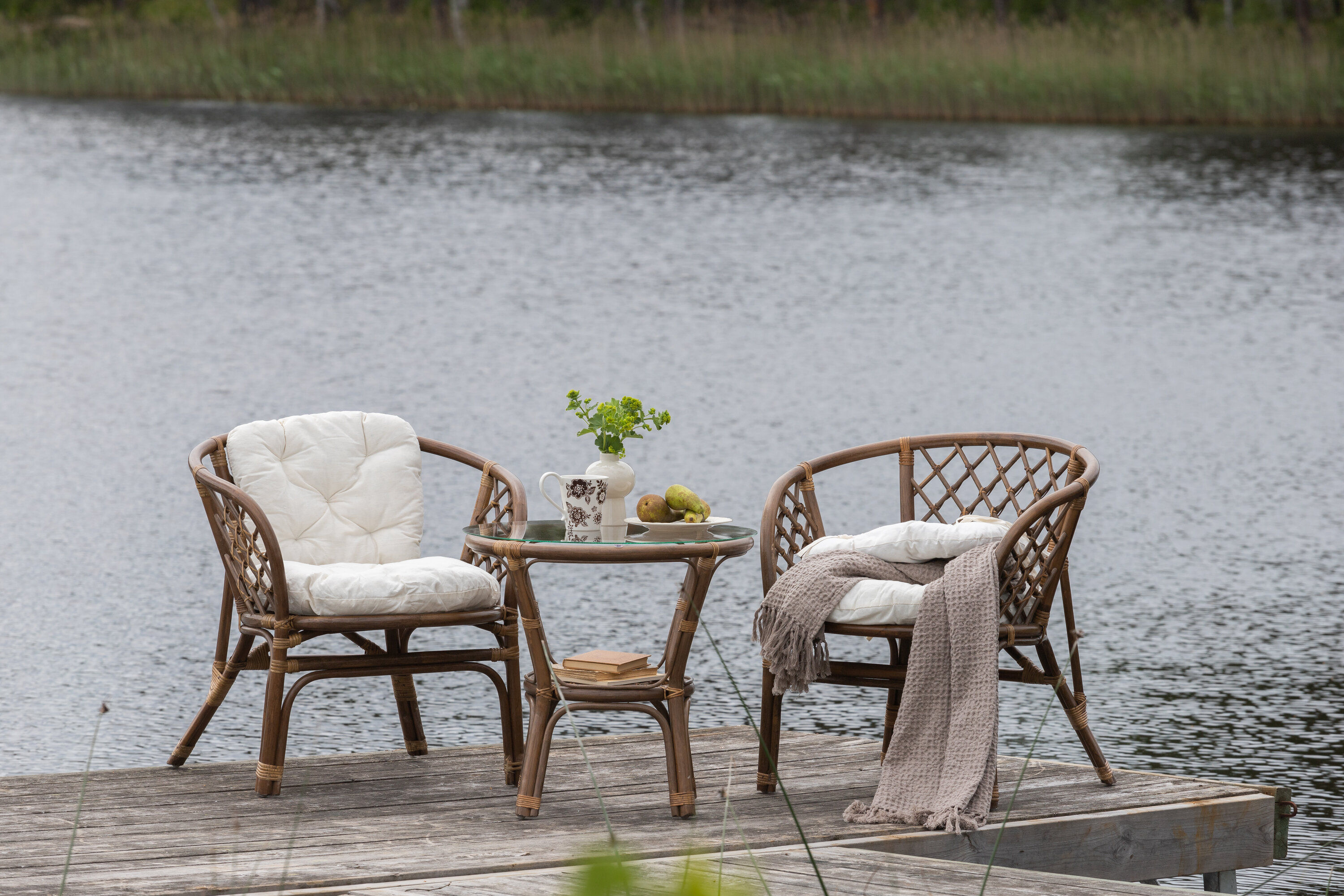 3x Wera Café Set Rattan Offwhite Cushions