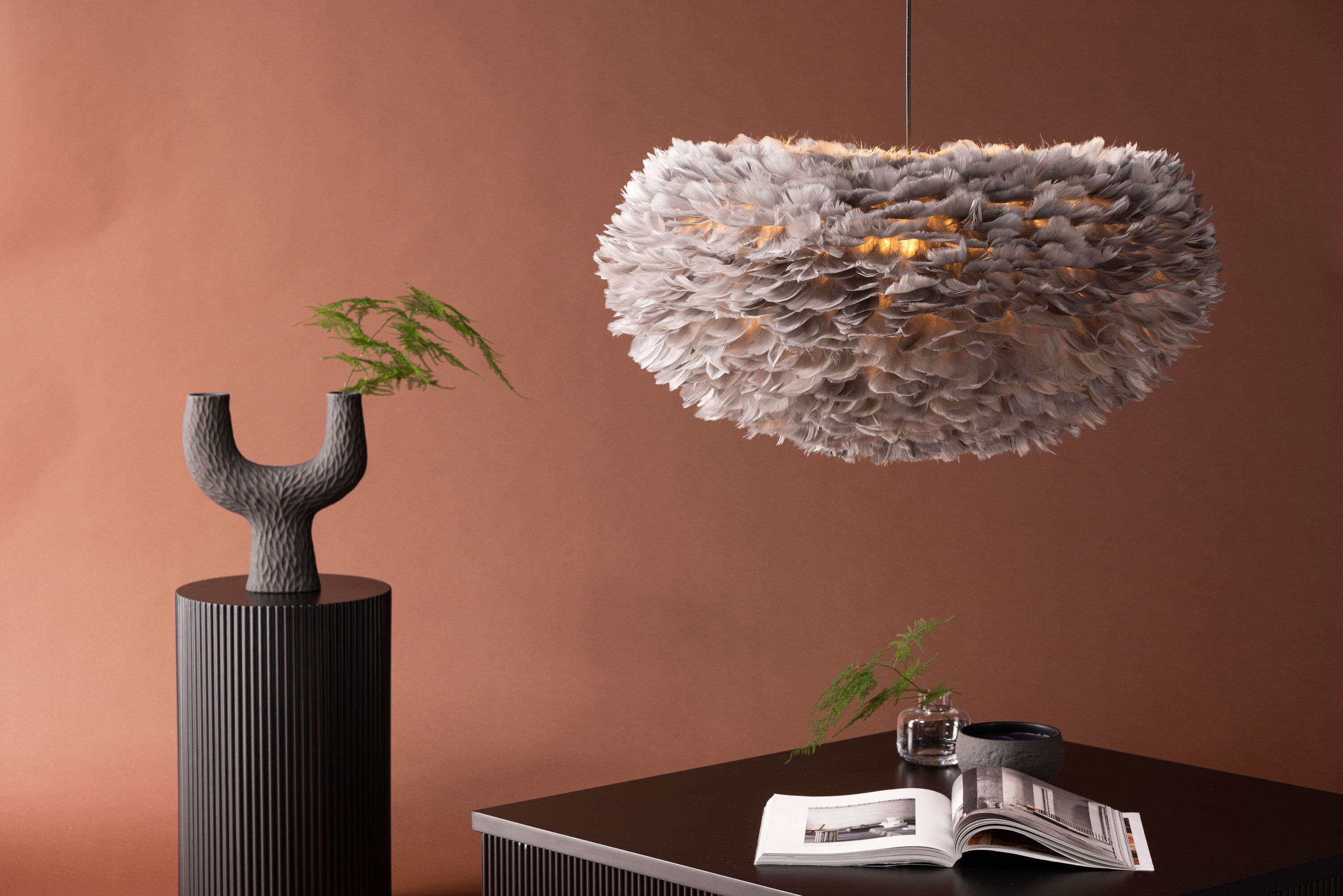 Nicola  Pendant Light  Artificial Feather  Black/Grey  X-Large