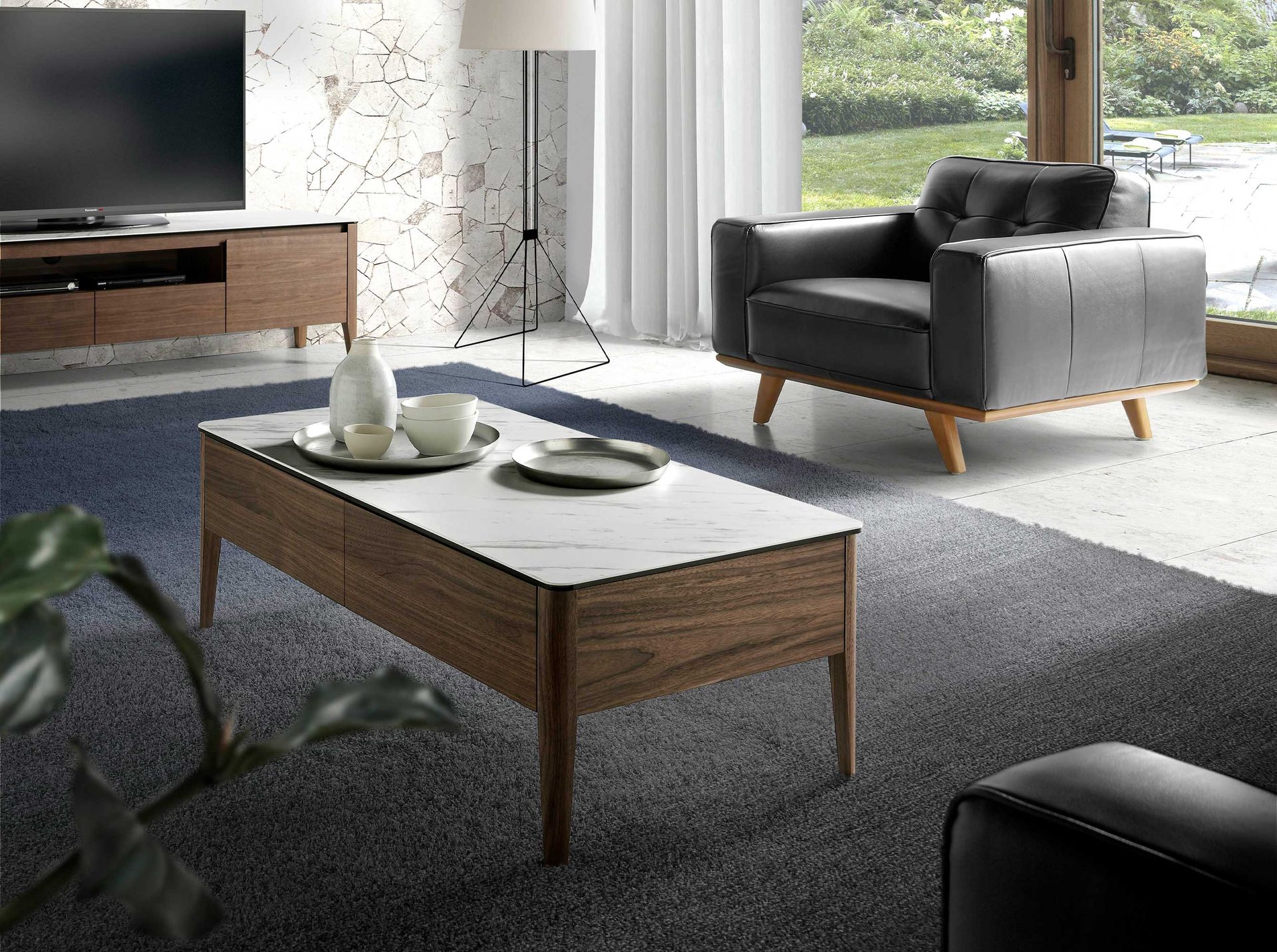 Coffee table walnut wood marble optics