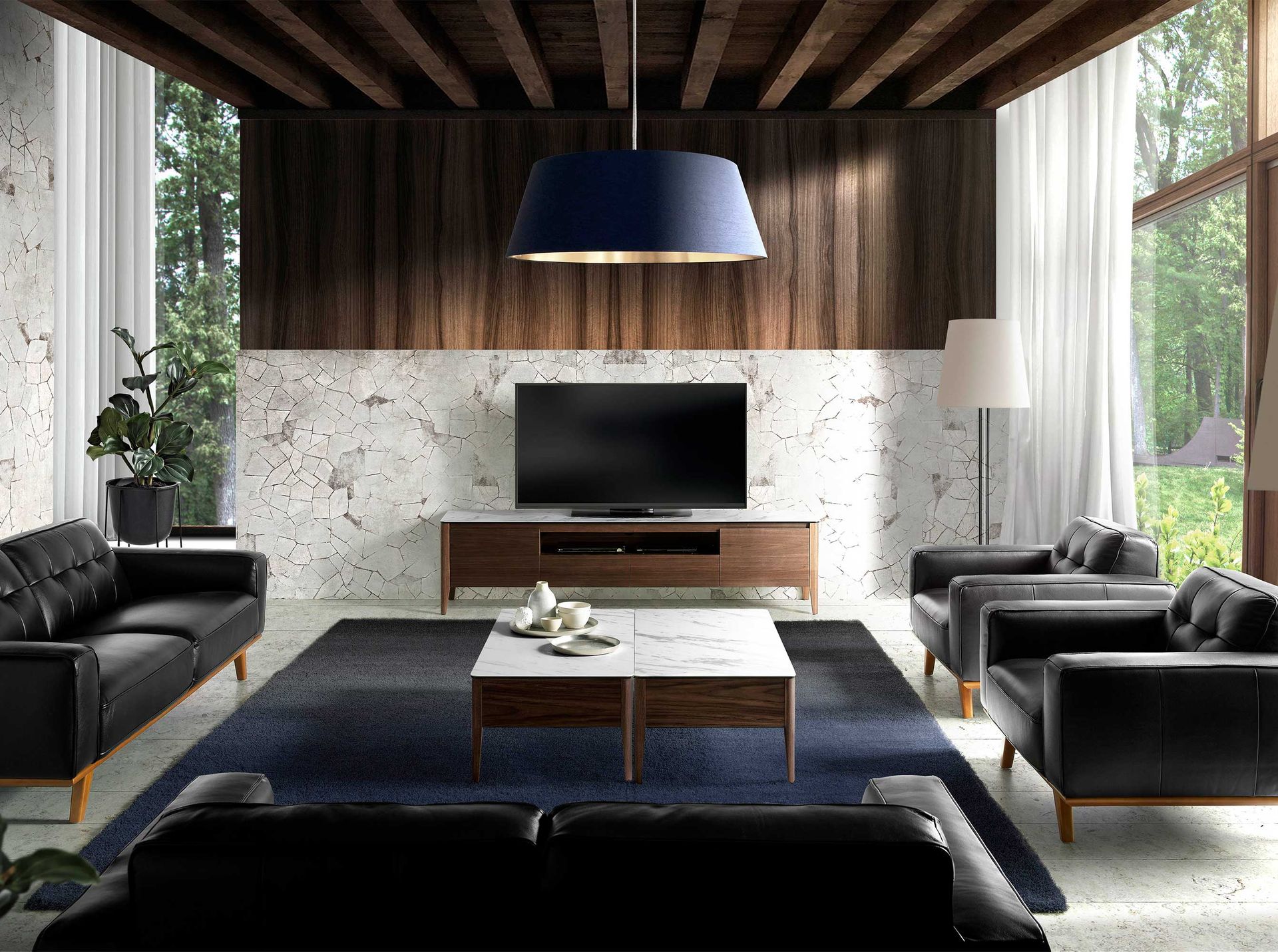 Coffee table walnut wood marble optics