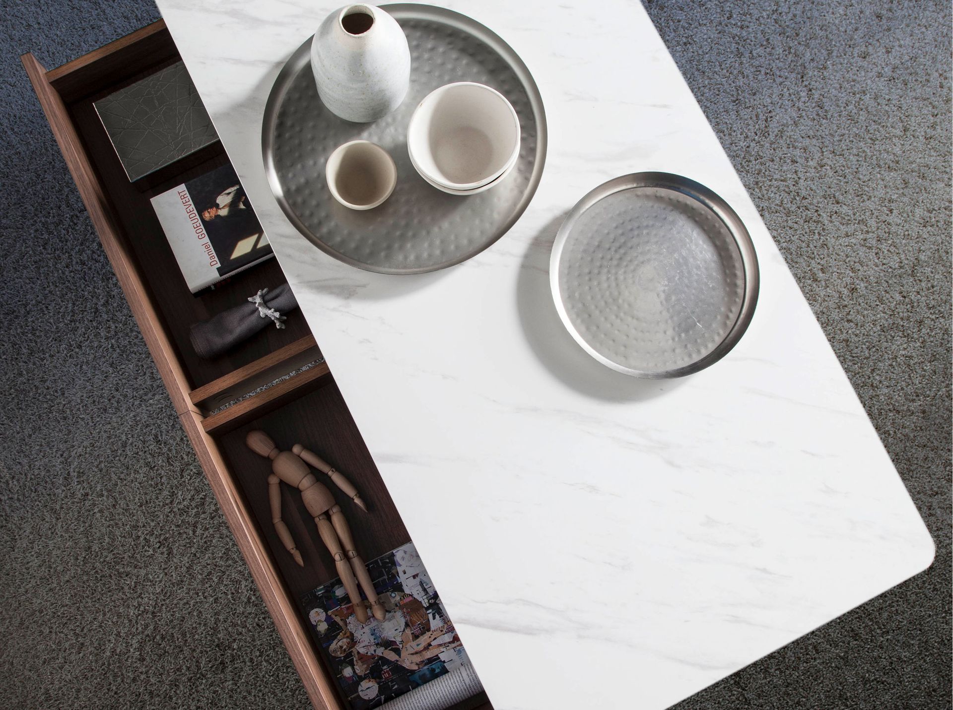 Coffee table walnut wood marble optics