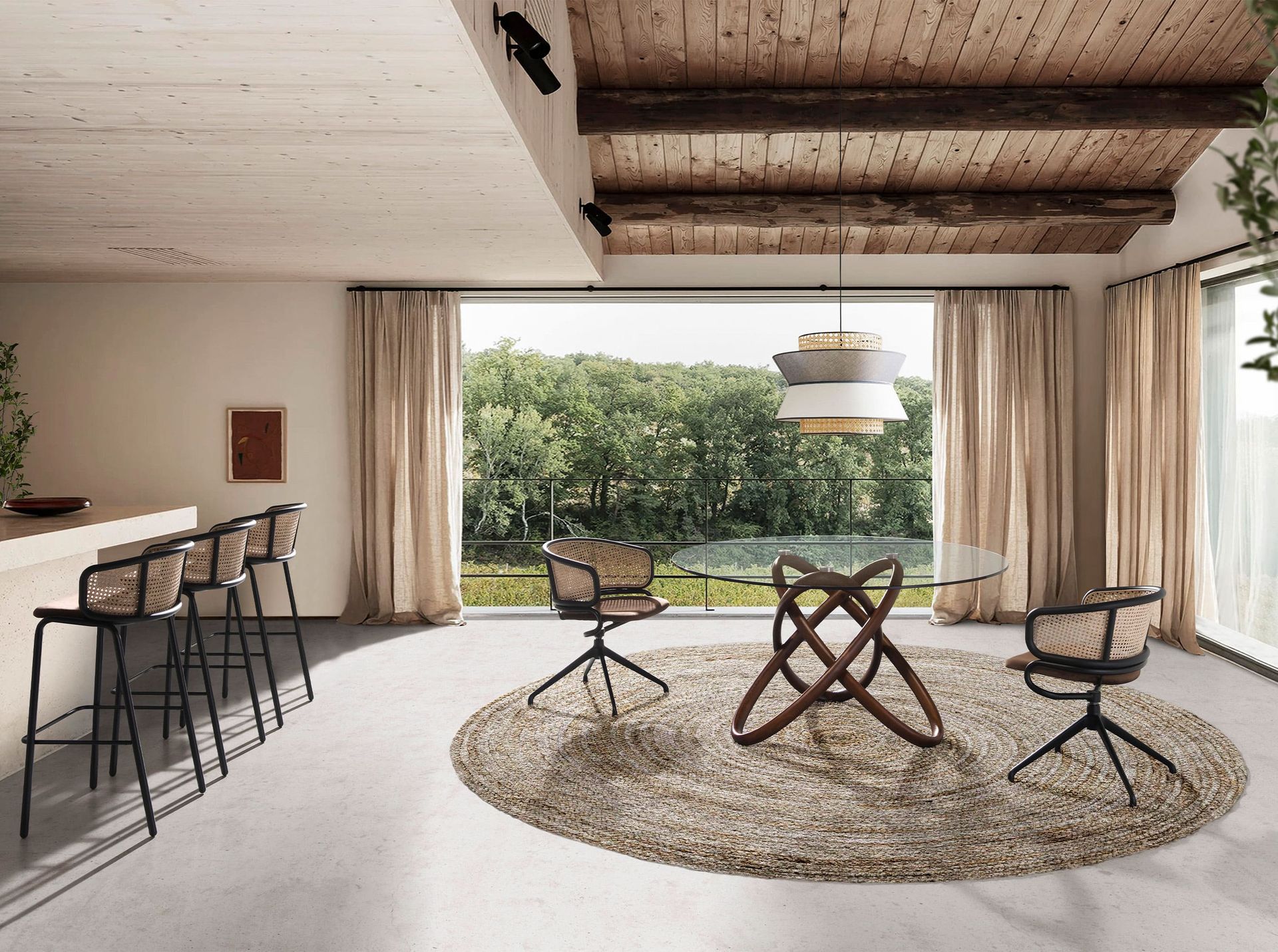 Round dining table walnut wood glass Ø 130cm
