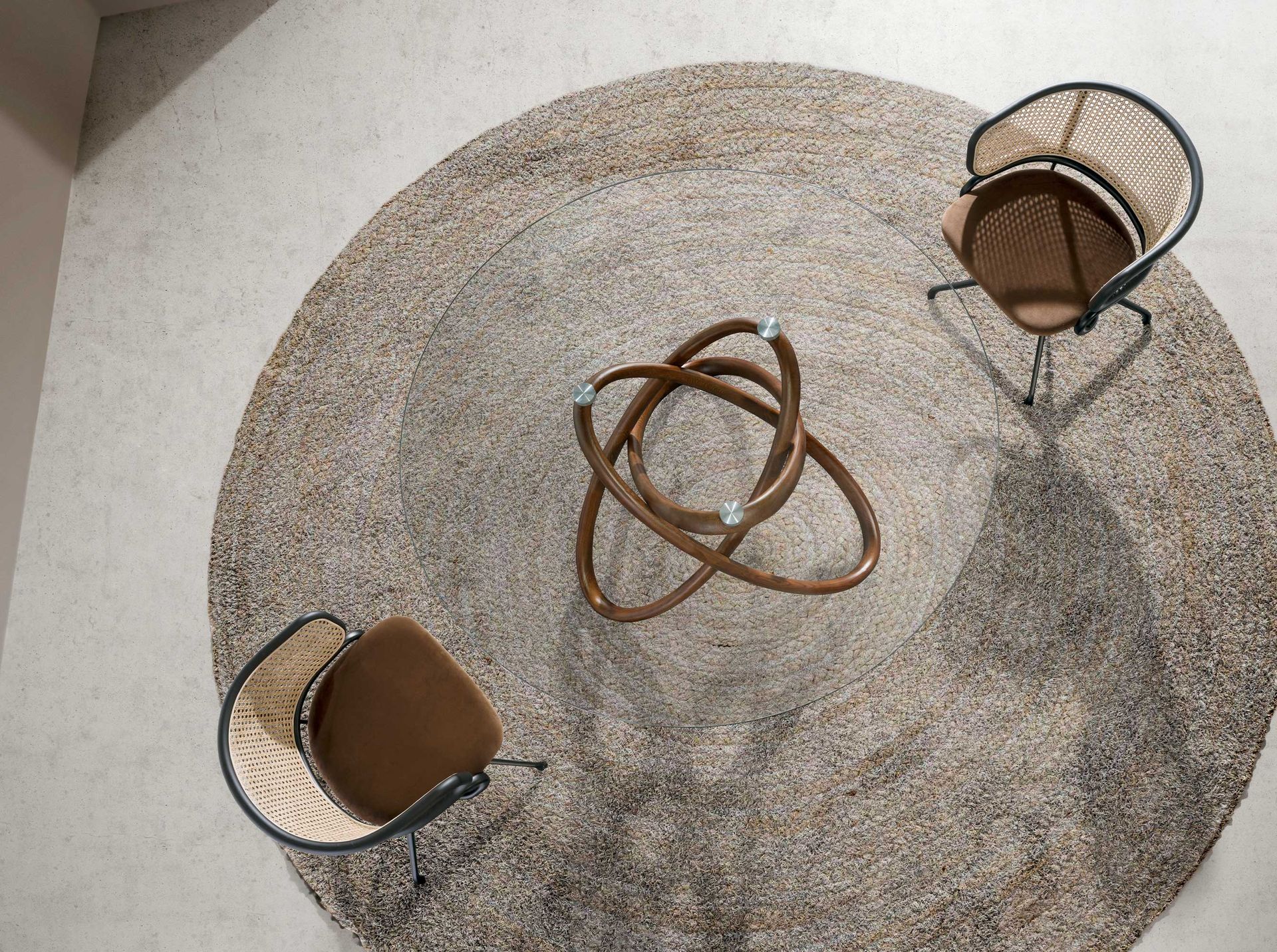 Round dining table walnut wood glass Ø 130cm