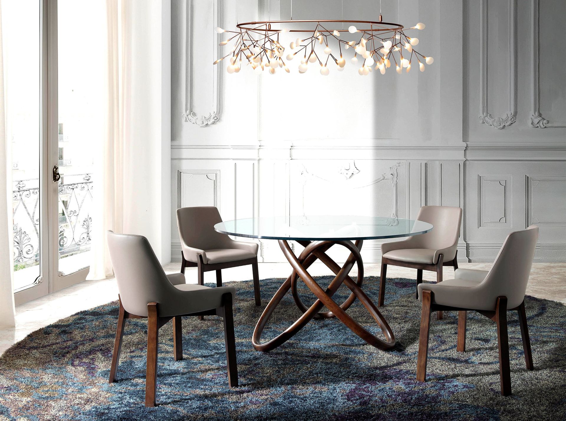 Round dining table walnut wood glass Ø 130cm