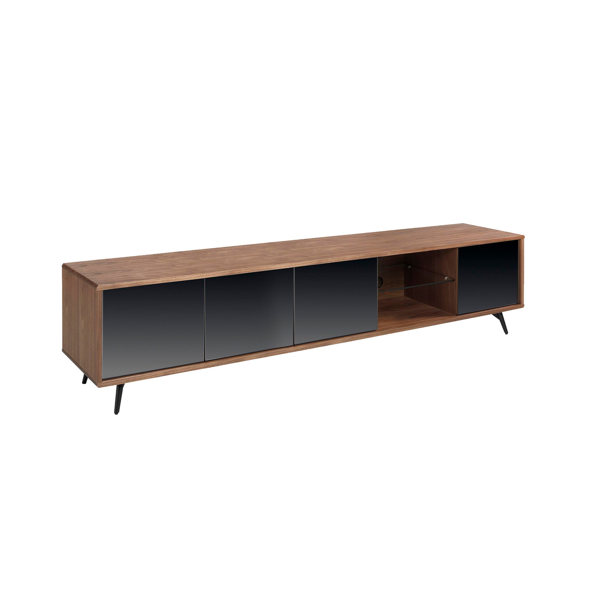 Lowboard legno di noce vetro acciaio nero