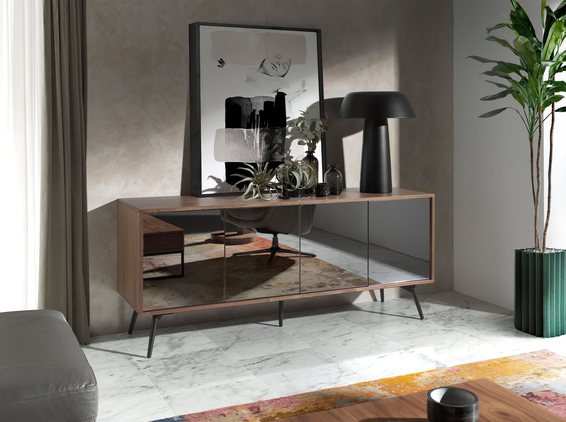 Sideboard Mirror effect Walnut wood Black