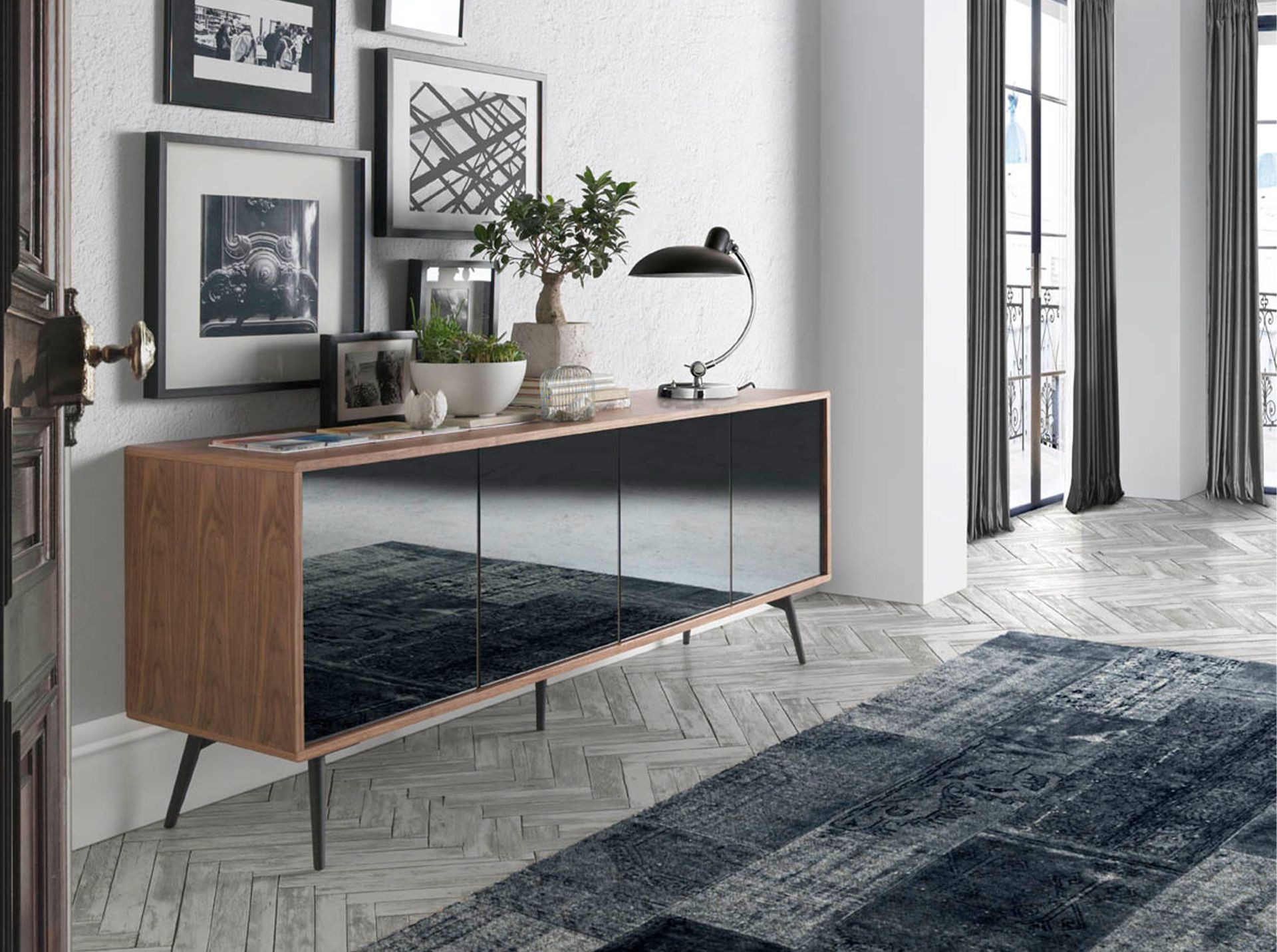 Sideboard Mirror effect Walnut wood Black