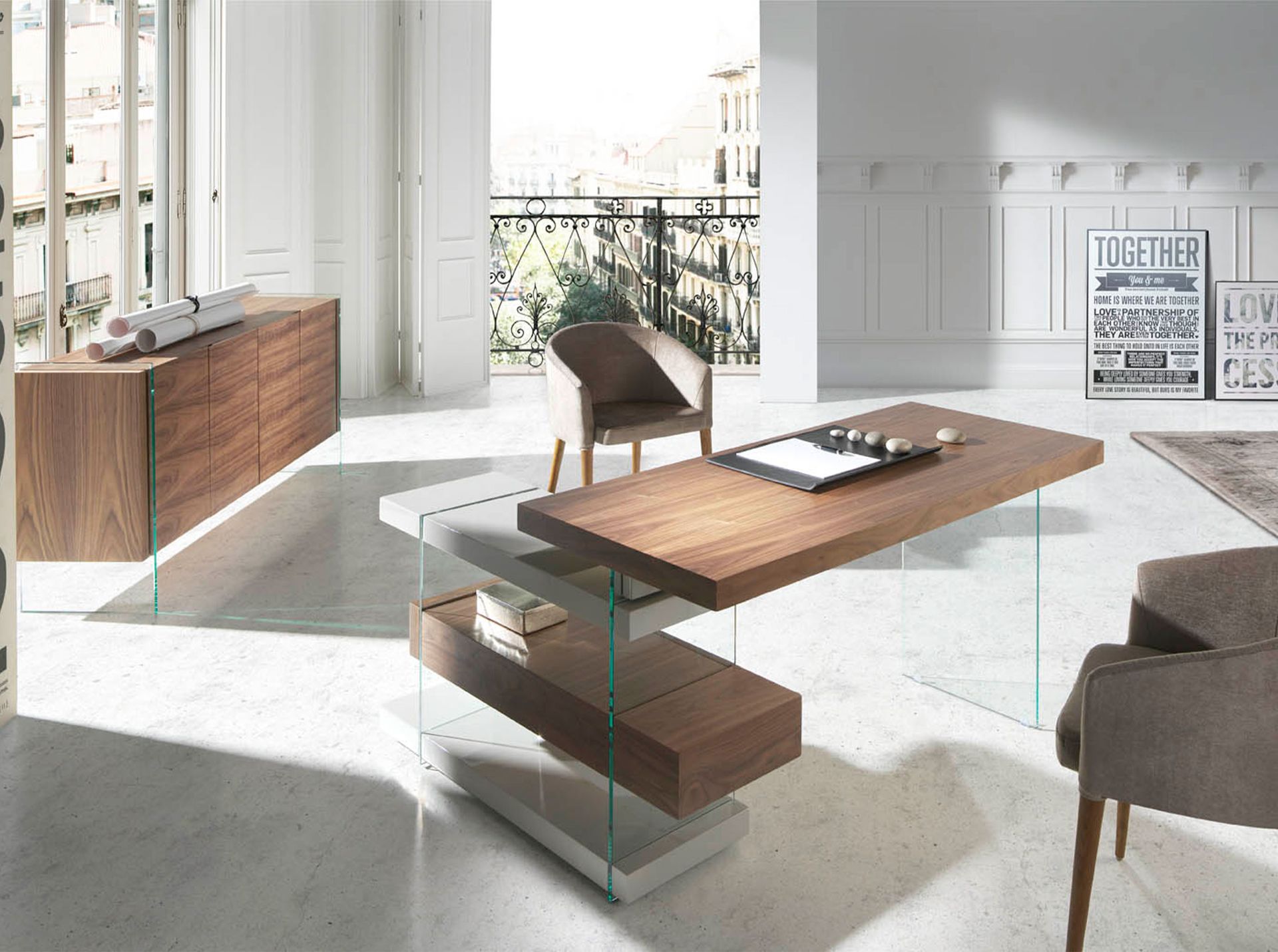 Sideboard Walnut wood Glass Brown