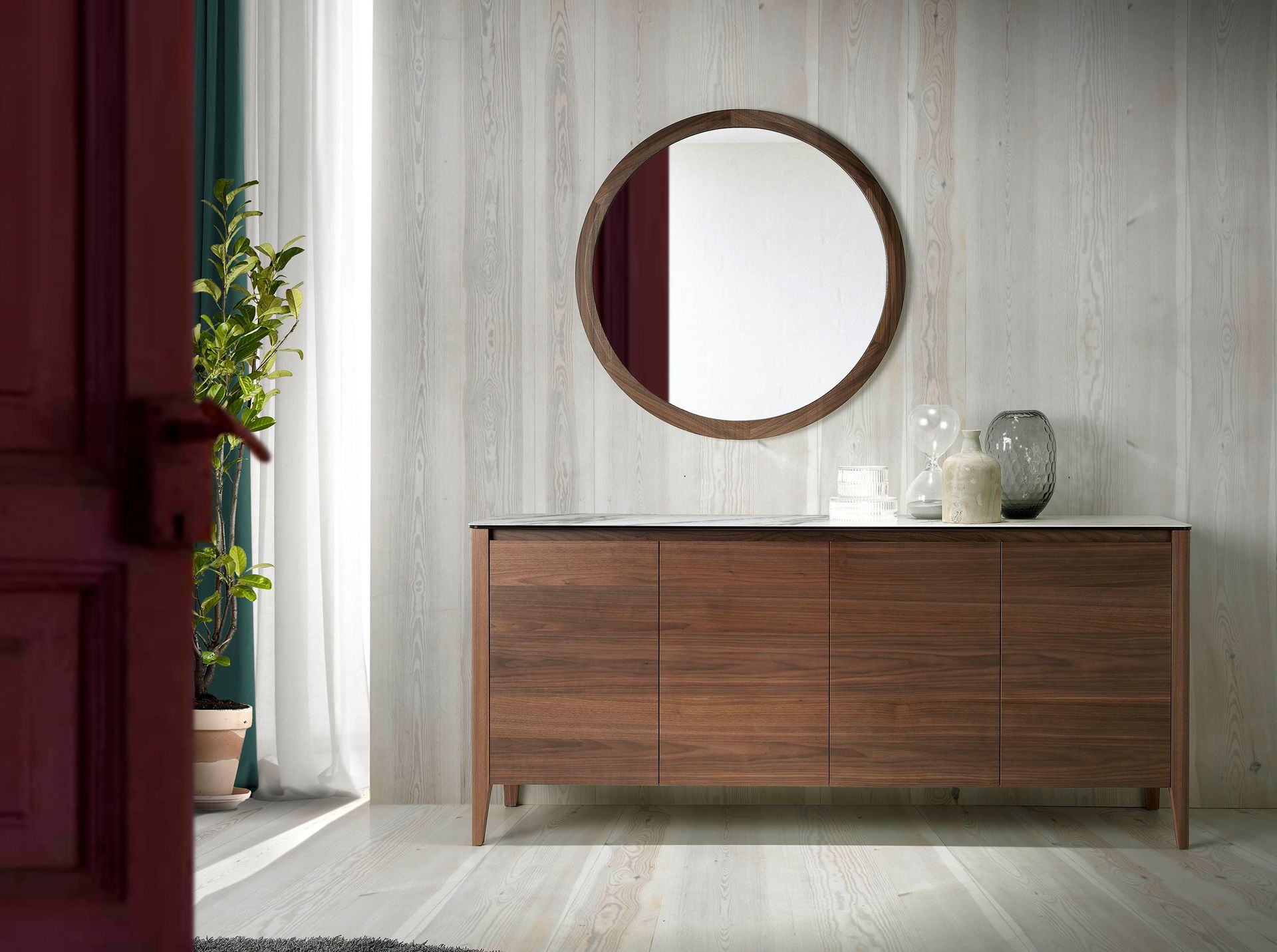 Round Wall Mirror Walnut