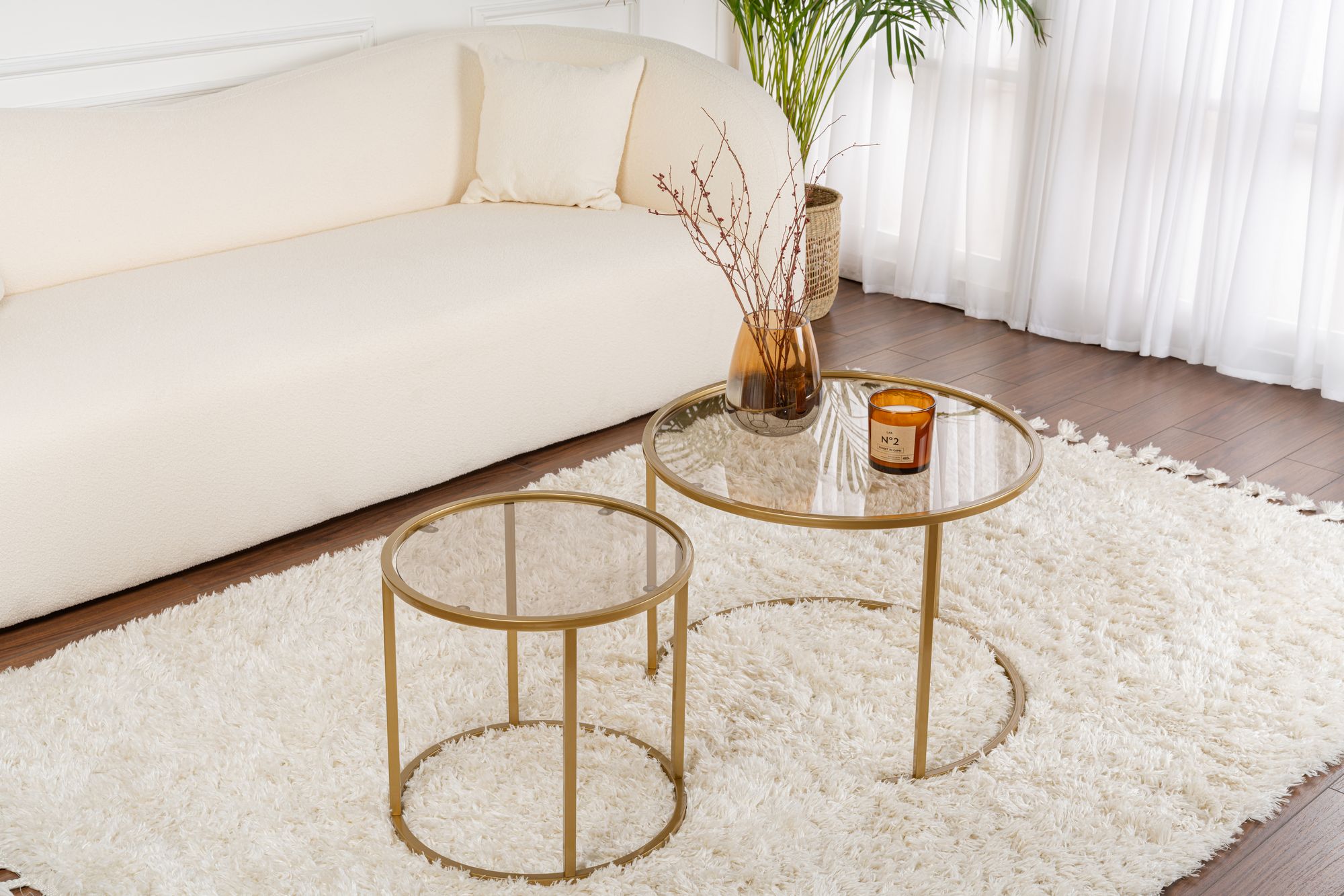 2x Gold Coffee Table Set Gold Transparent Ø80cm Ø60cm Ø42cm