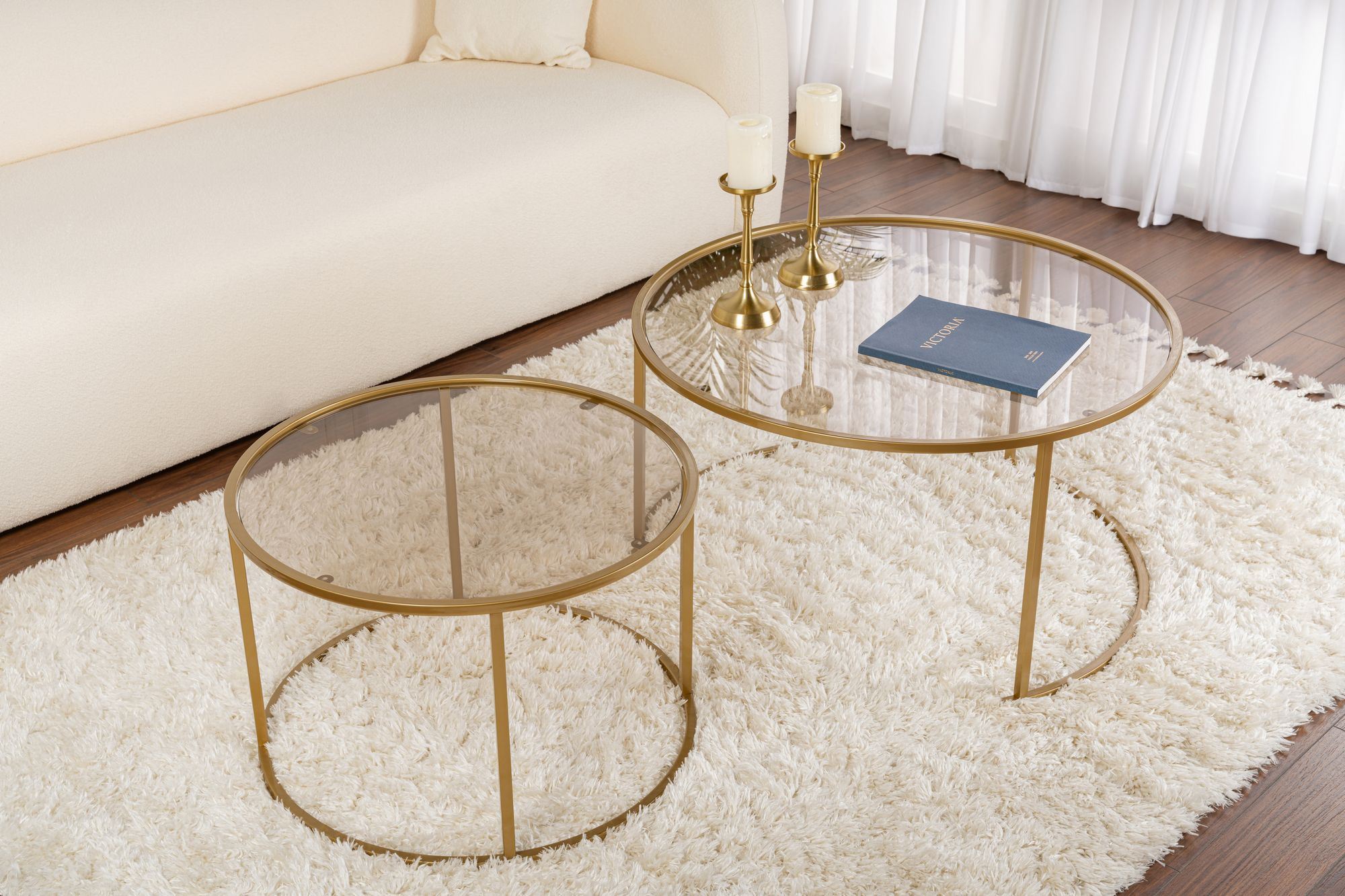 2x Gold Coffee Table Set Gold Bronze Ø80cm Ø60cm