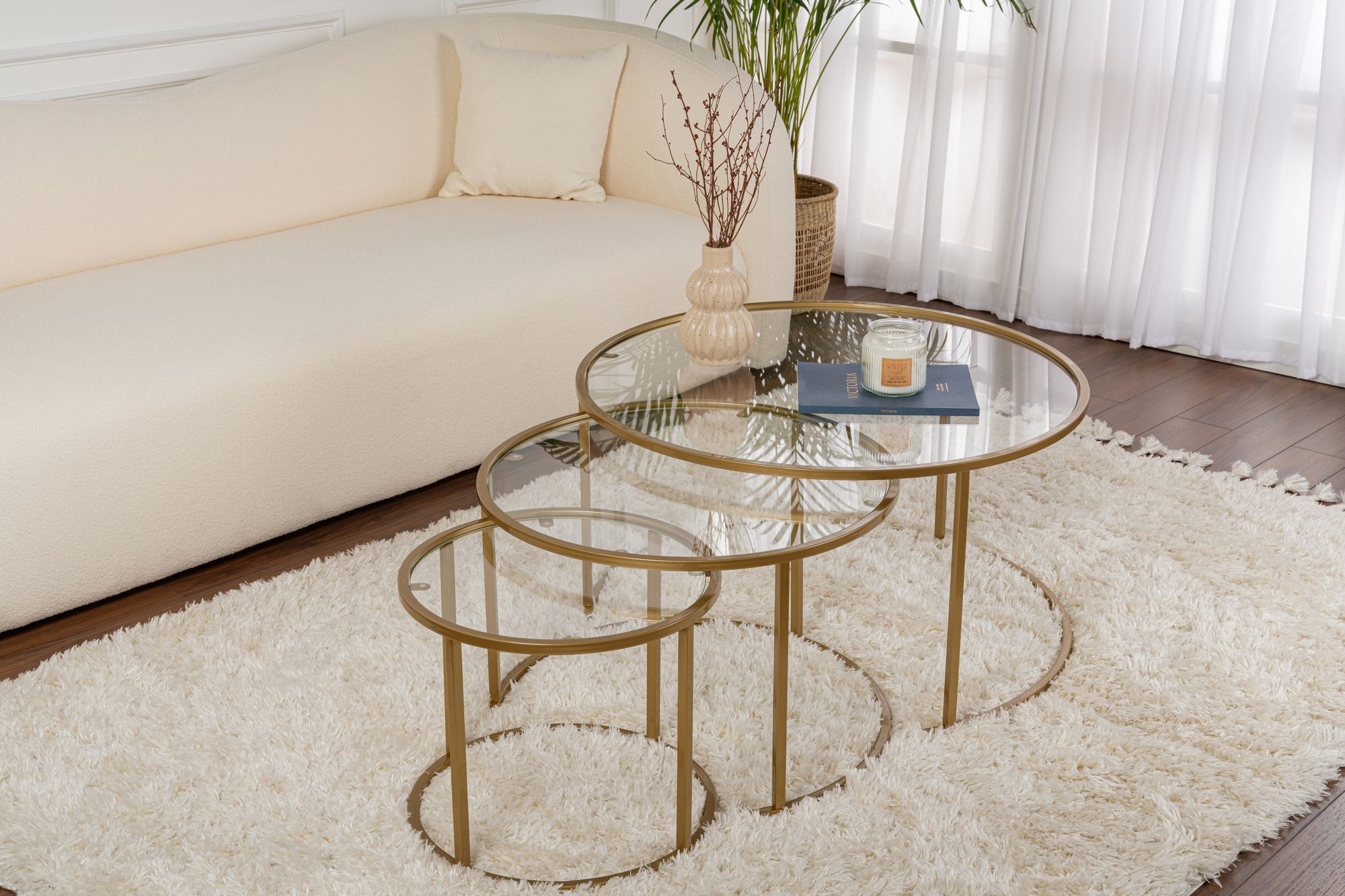 3x Gold Coffee Table Set Gold Transparent Ø80cm Ø60cm Ø42cm