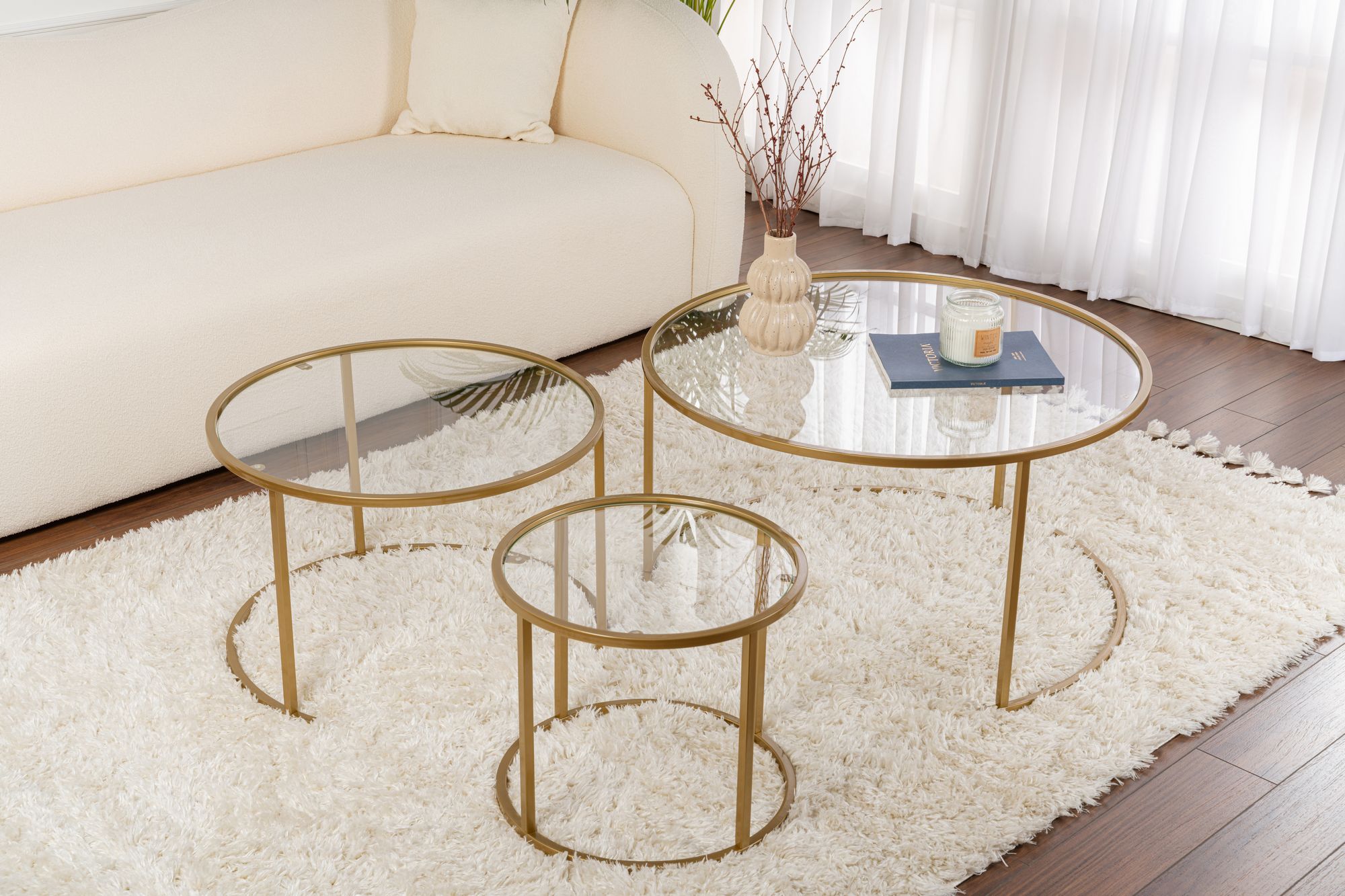 3x Gold Coffee Table Set Gold Transparent Ø80cm Ø60cm Ø42cm